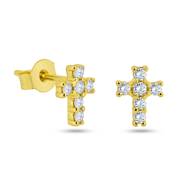 Sterling Silver Gold Plated Clear CZ Cross Earring - STE01365GP