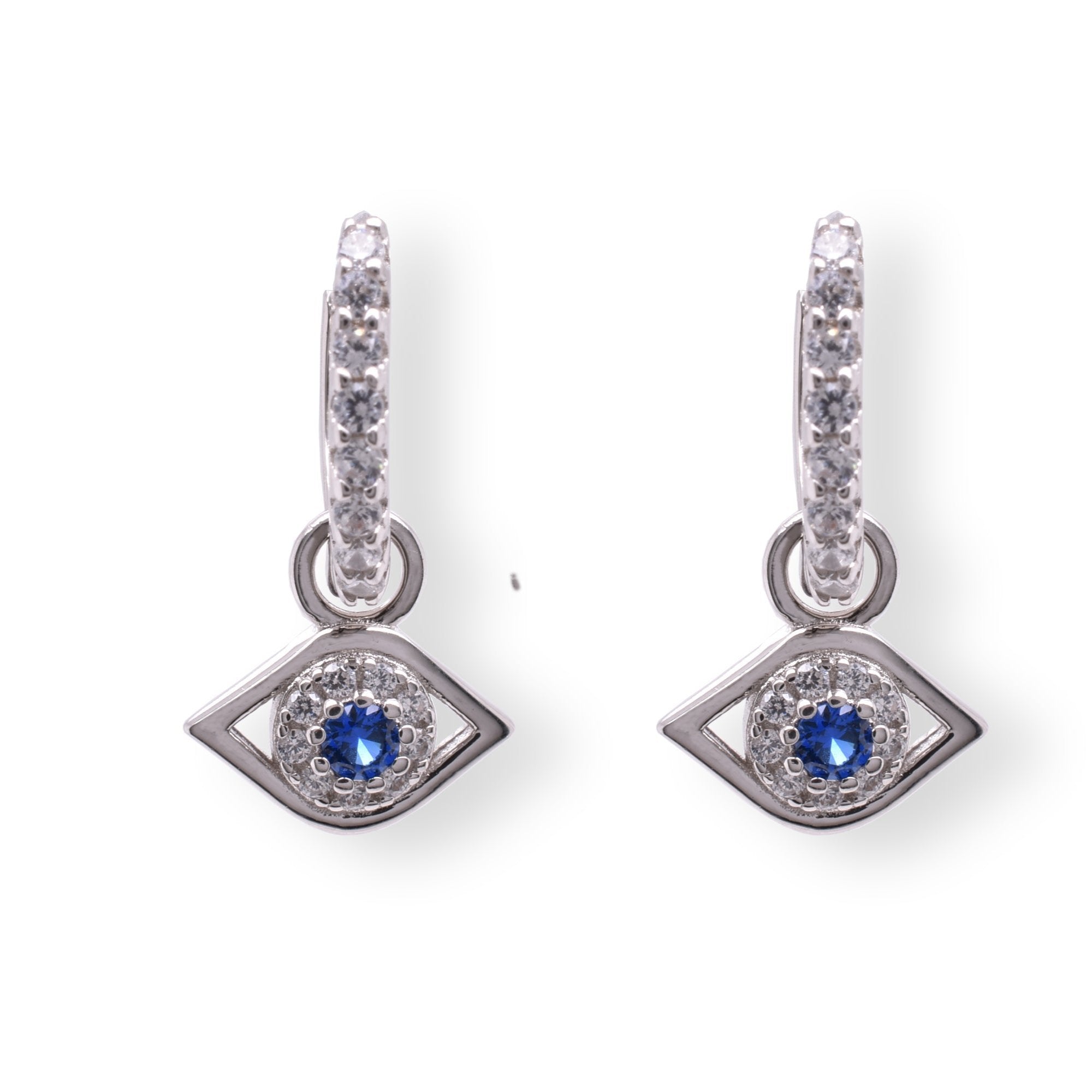 Sterling Silver Rhodium Plated Dangling Evil Eye Blue and Clear CZ Huggie Earring - STE01388