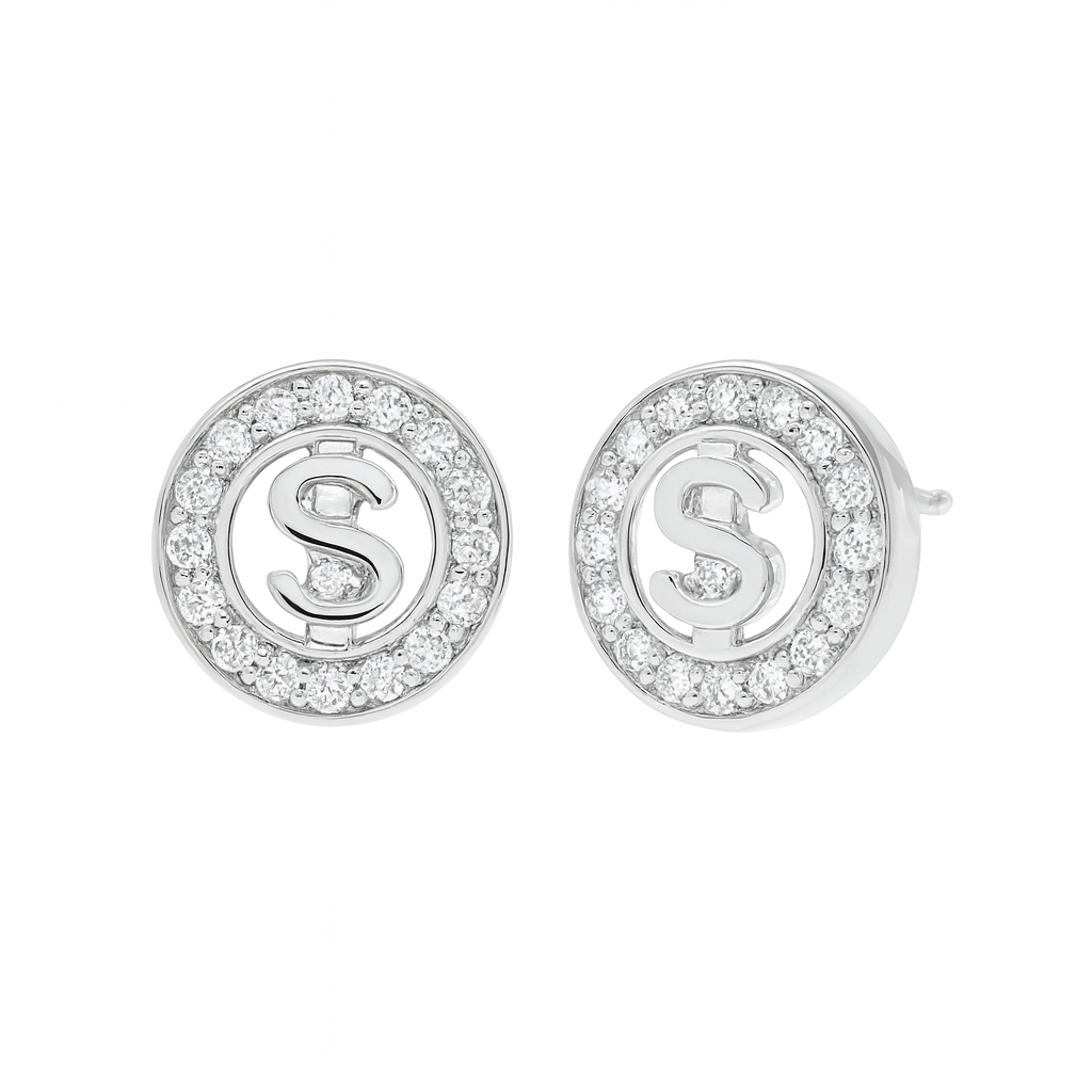 Rhodium Plated 925 Sterling Silver Men's Round Dollar Sign CZ Stud Earrings - STEM034