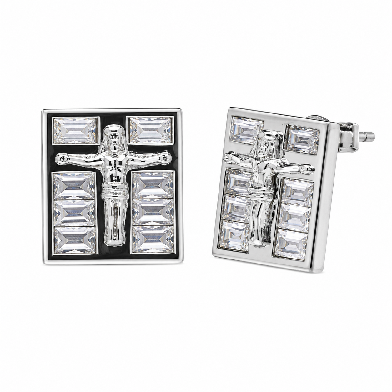 Rhodium Plated 925 Sterling Silver Men's Baguette CZ Square Jesus Earrings - STEM037