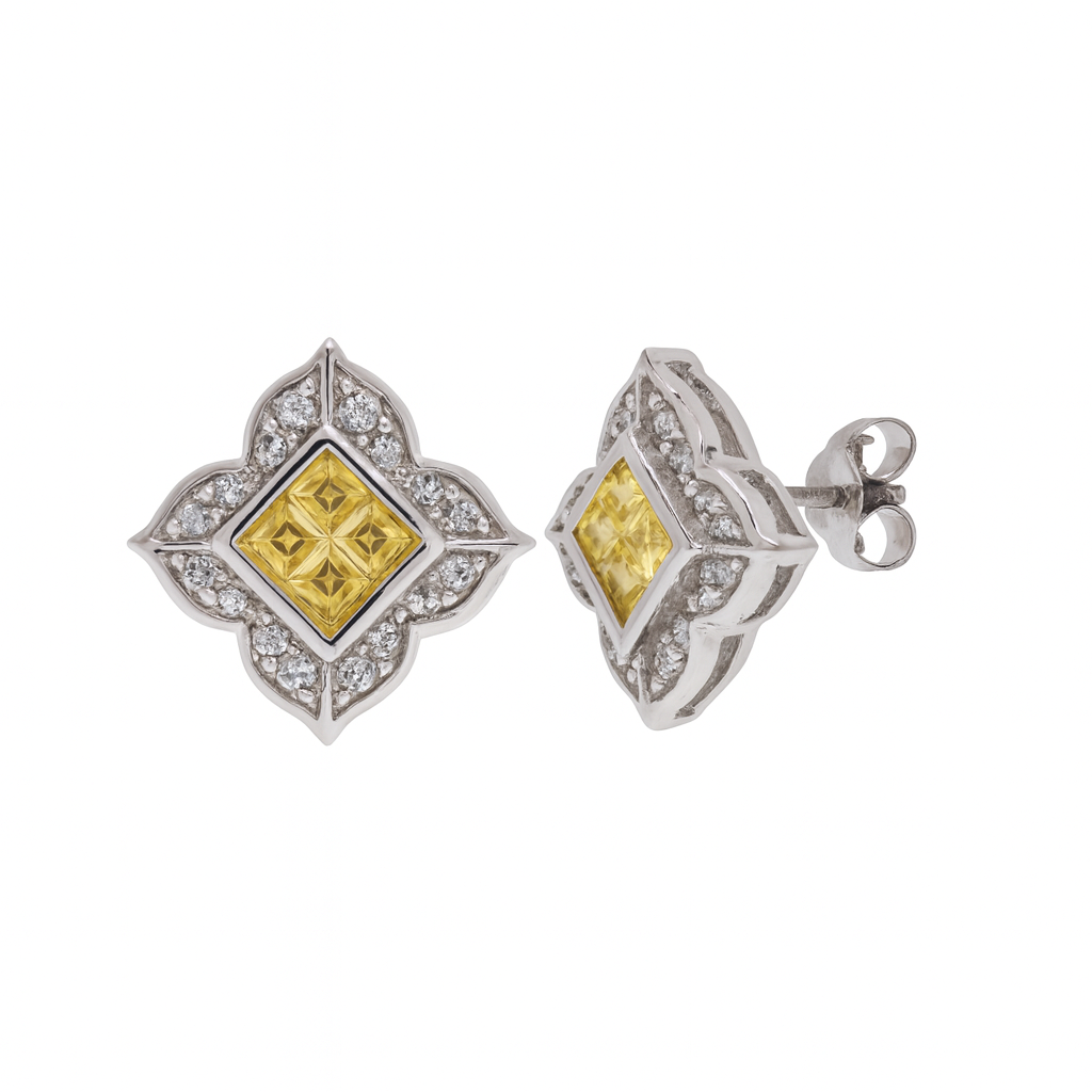 Precio final - Liquidación - Pendiente de botón cuadrado DC de plata de ley 925 rodiada con circonitas amarillas y transparentes - STEM060