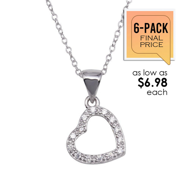 925 Sterling Silver Clear CZ Rhodium Plated Hanging Heart Pendant Necklace (6/Pk) - STP00025-PX