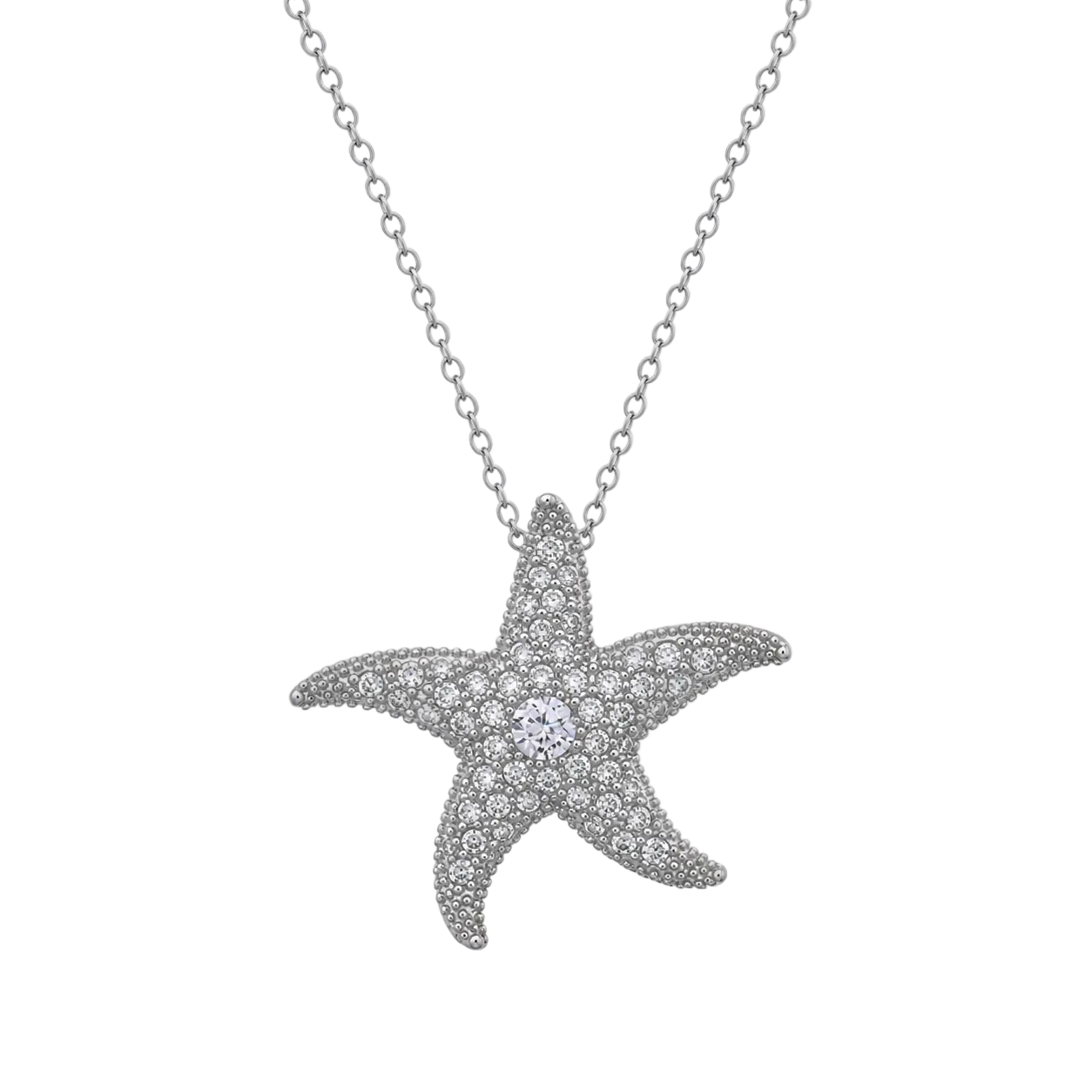 Rhodium Plated 925 Sterling Silver Clear CZ Starfish Brooch Pin and Pendant Necklace - STP00044
