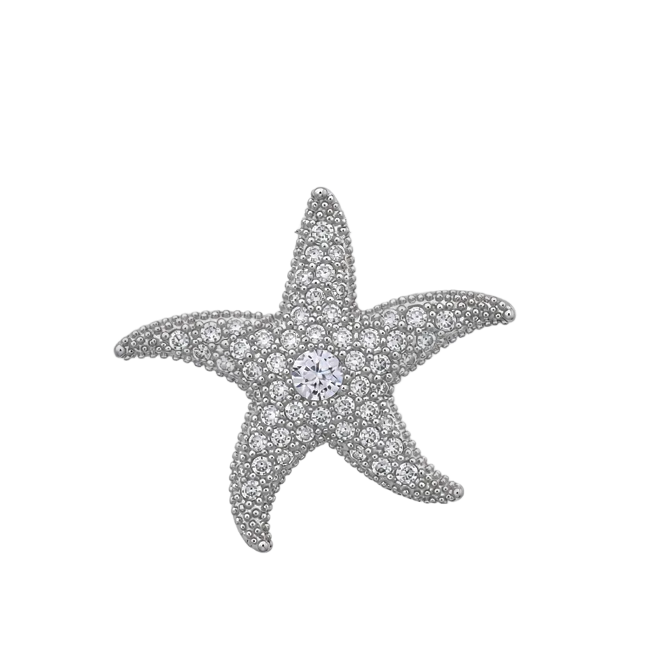 Rhodium Plated 925 Sterling Silver Clear CZ Starfish Brooch Pin and Pendant Necklace - STP00044