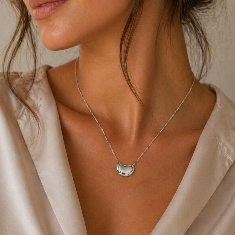 Rhodium Plated 925 Sterling Siver Bean Pendant Necklace - STP00046