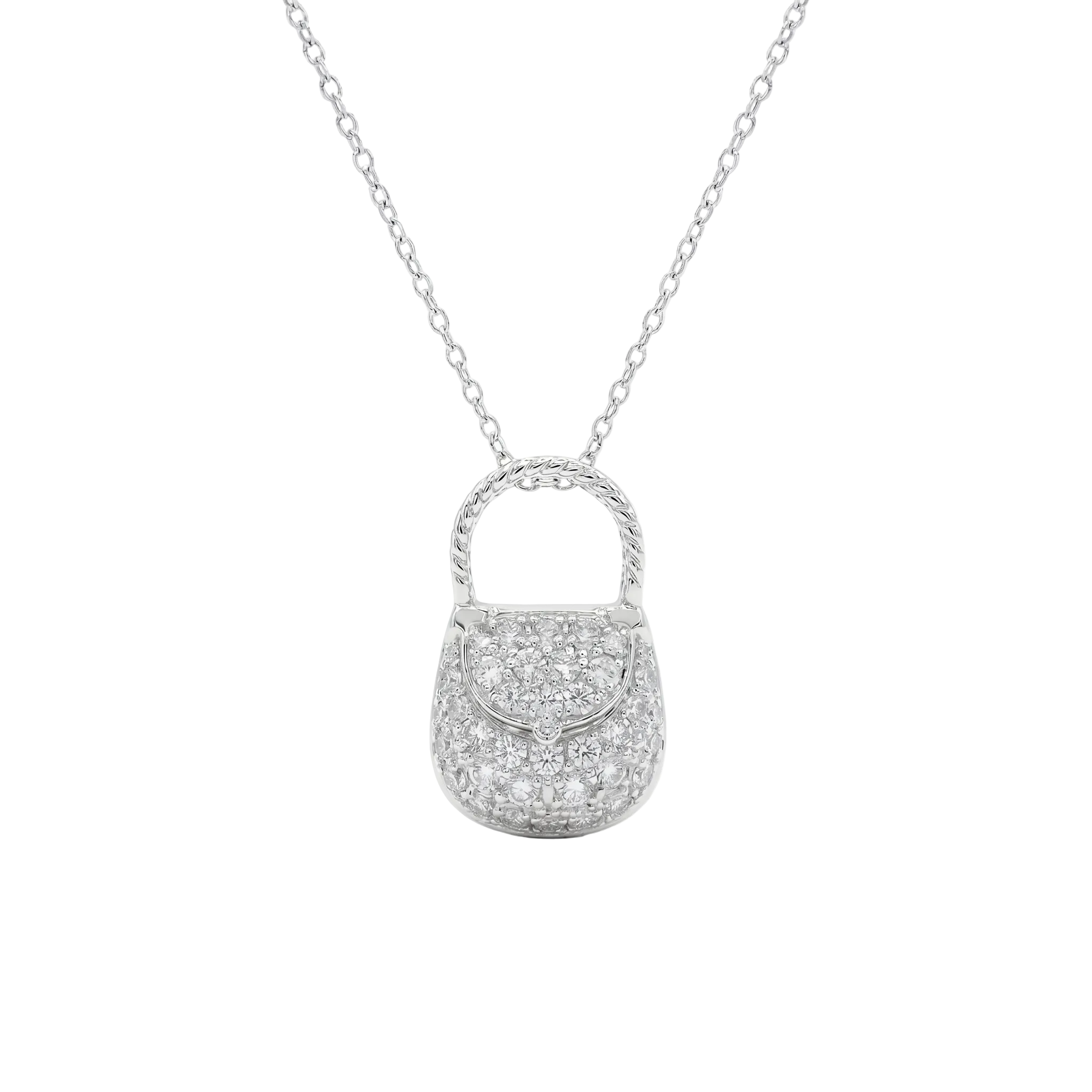 Collar con colgante de bolso de mano en plata 925 con circonitas transparentes rodiadas - STP00062