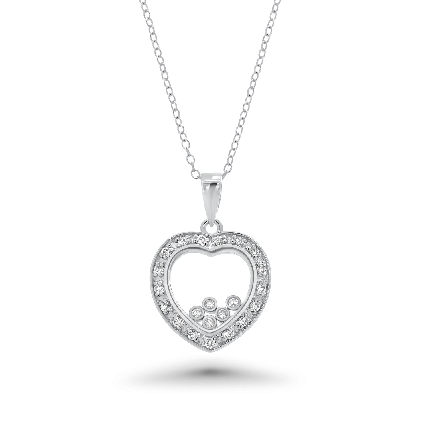 Rhodium Plated 925 Sterling Silver Floating CZ Heart Locket Pendant Necklace - STP00094