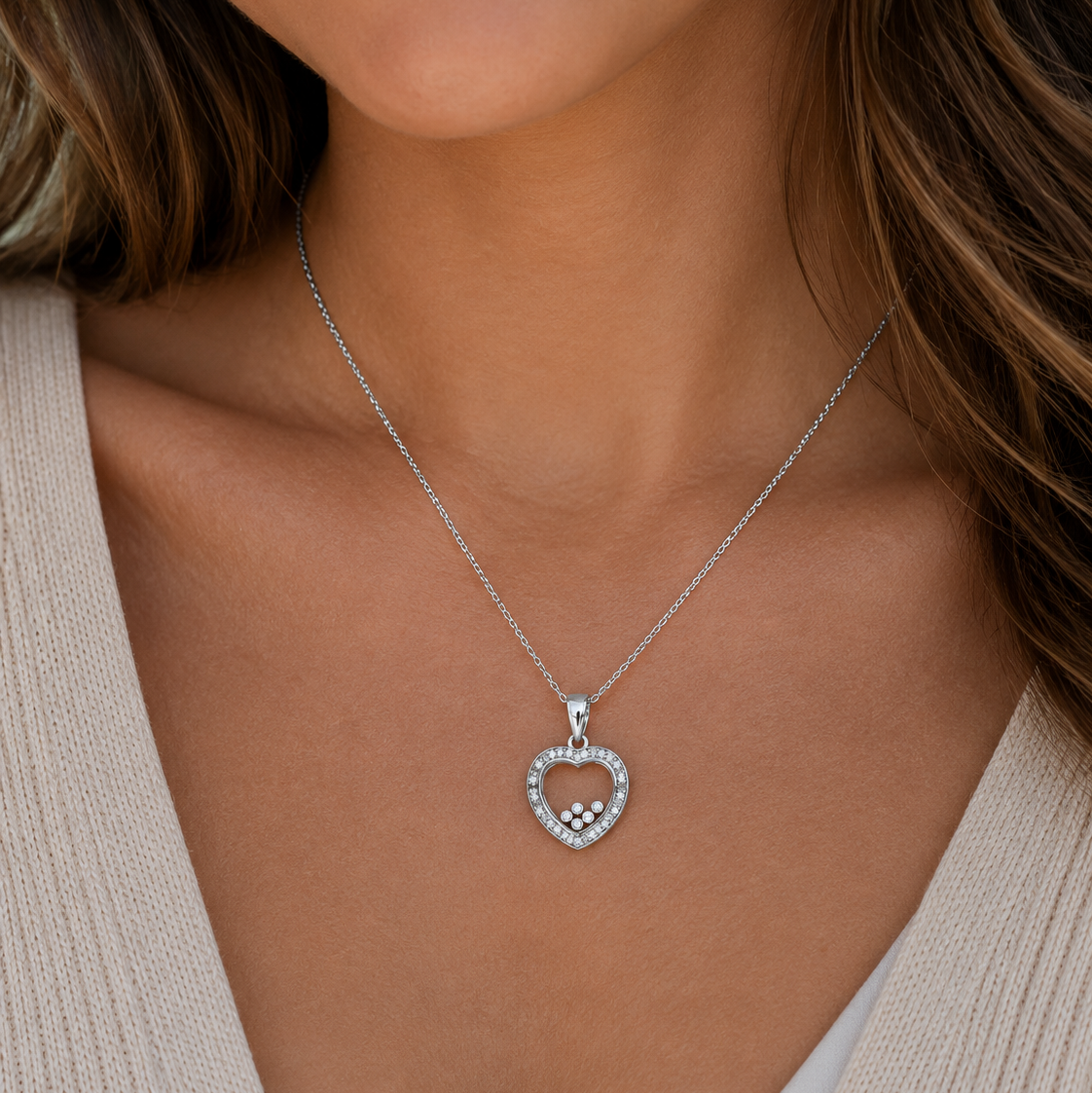 Rhodium Plated 925 Sterling Silver Floating CZ Heart Locket Pendant Necklace - STP00094