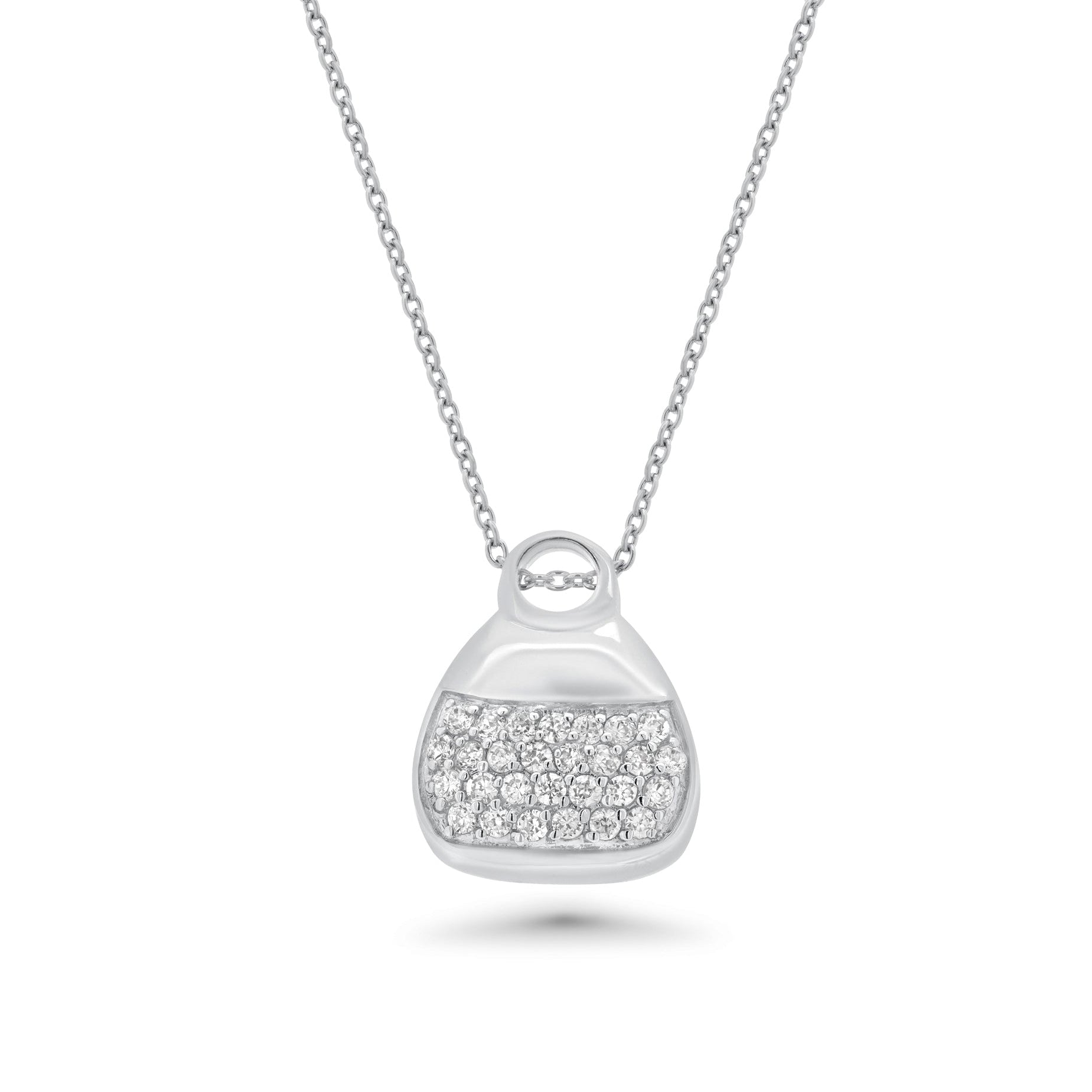 Clearance-Rhodium Plated 925 Sterling Silver Clear CZ Purse Necklace - STP00120
