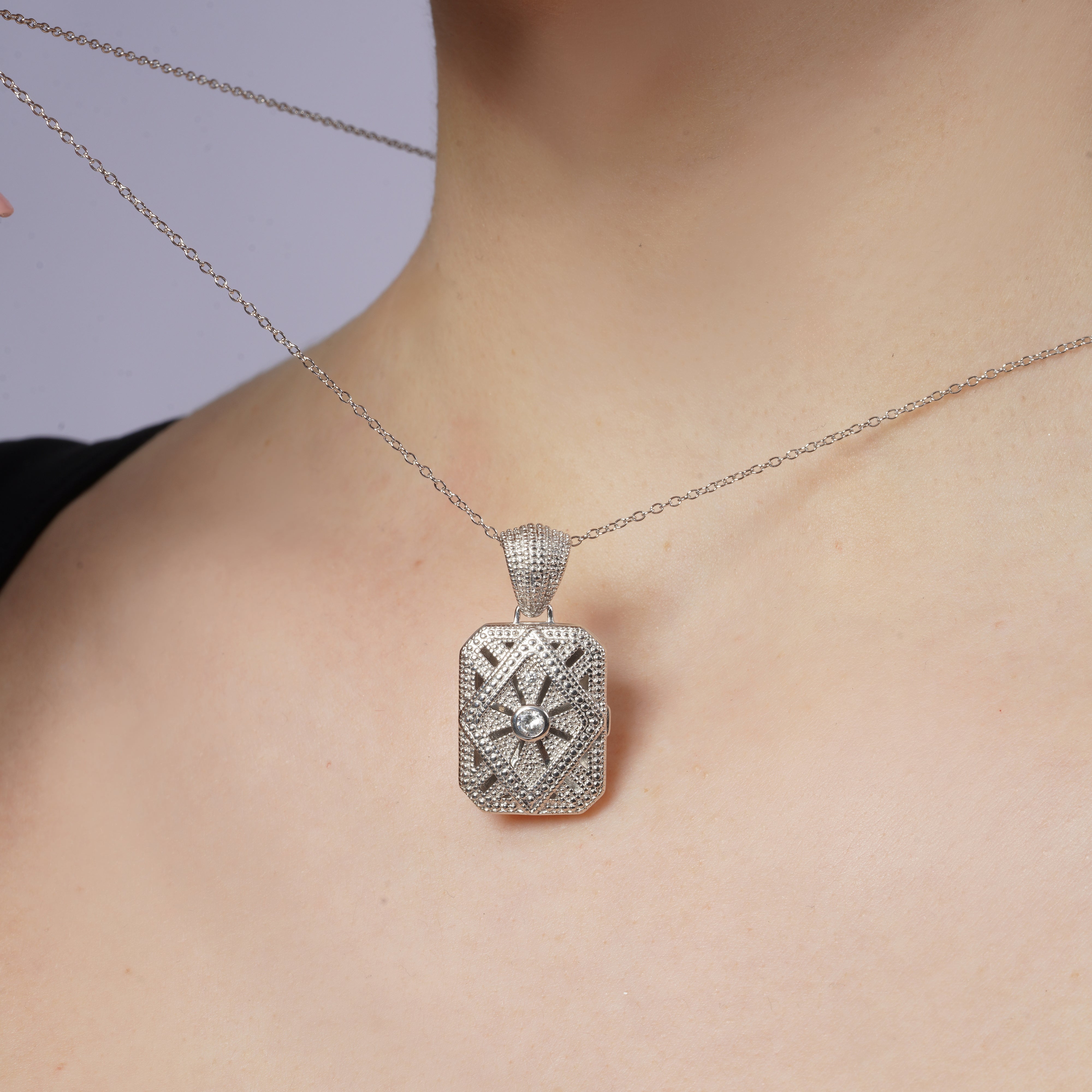 Rhodium Plated 925 Sterling Silver Ornate CZ Rectangle Locket Pendant Necklace - STP00123