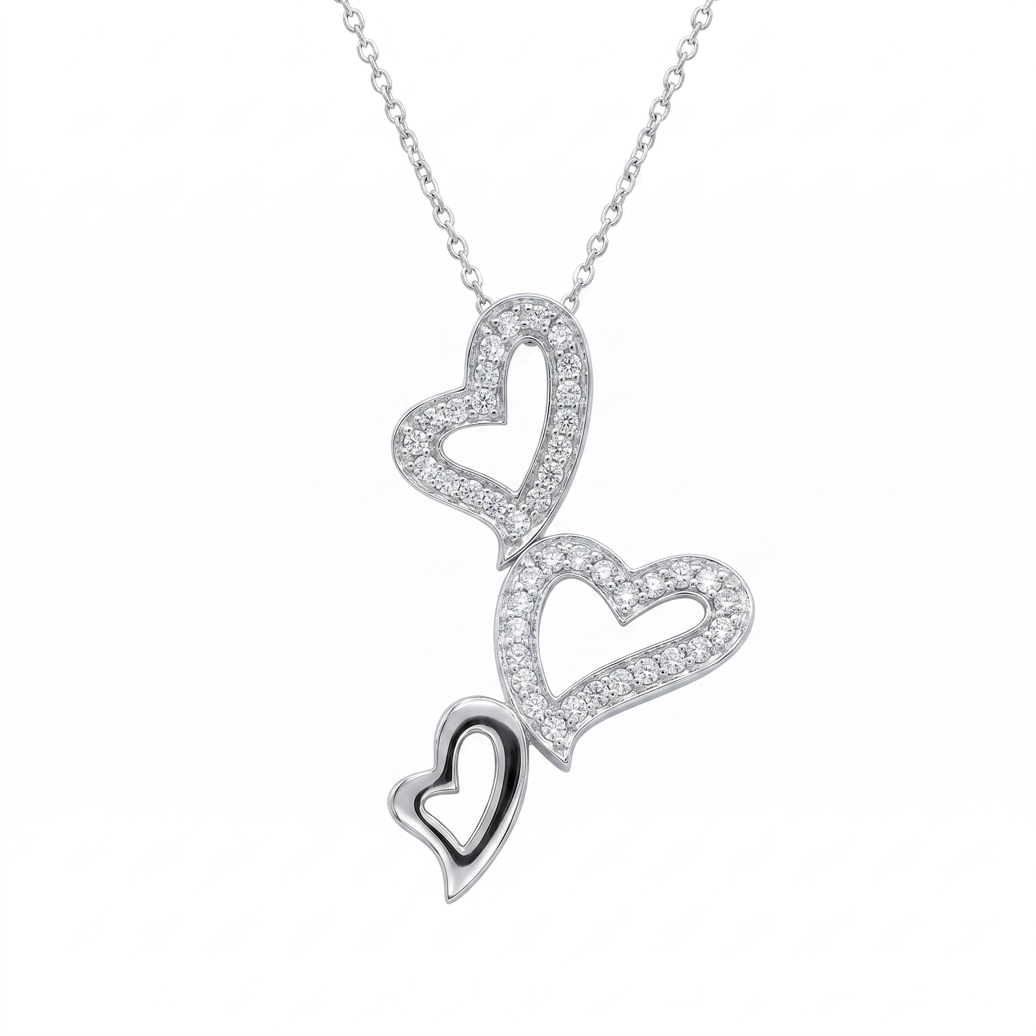 Clearance-Rhodium Plated 925 Sterling Silver Descending Triple Heart Pendant Necklace - STP00125