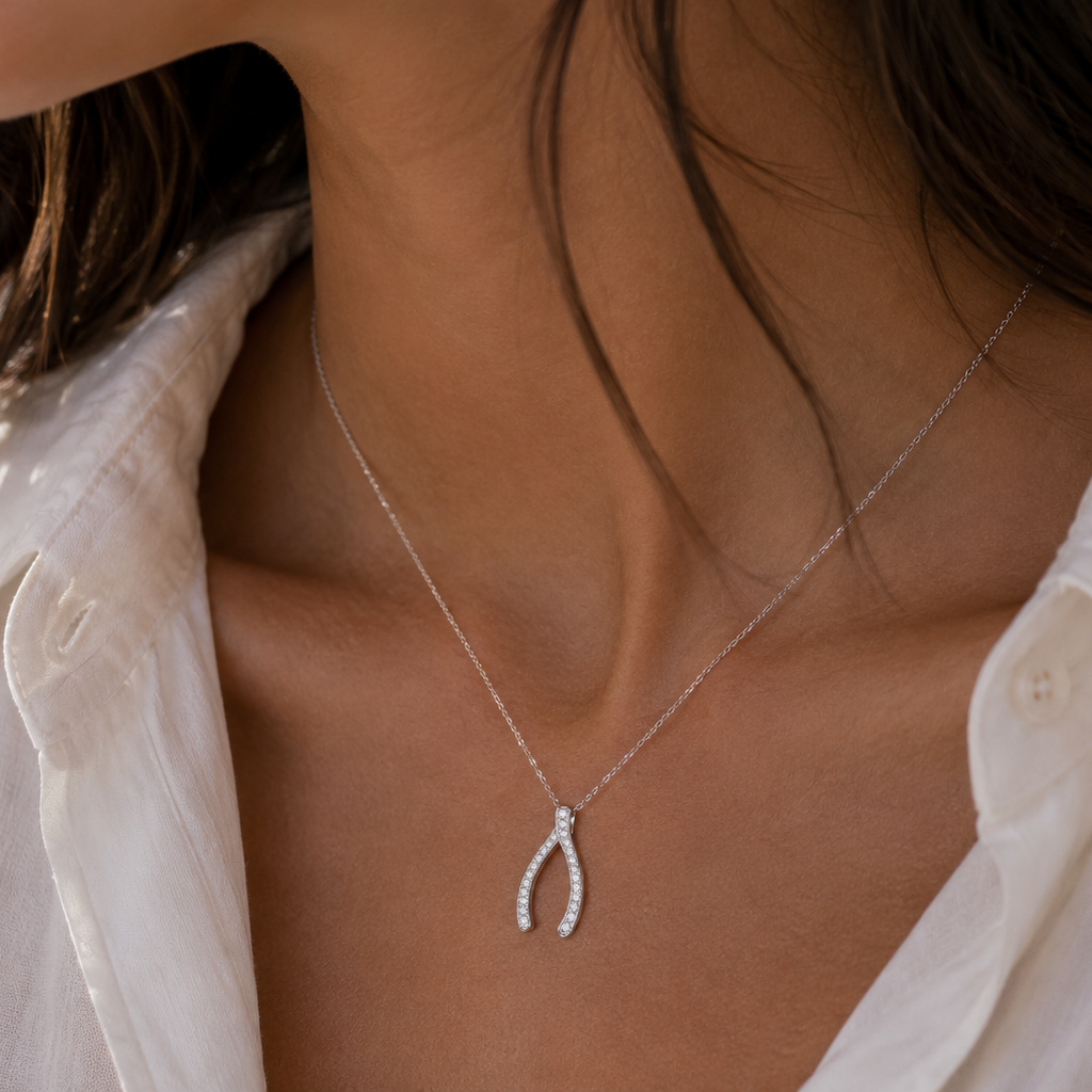 Clearance-Rhodium Plated 925 Silver CZ Wishbone Pendant Necklace - STP00204