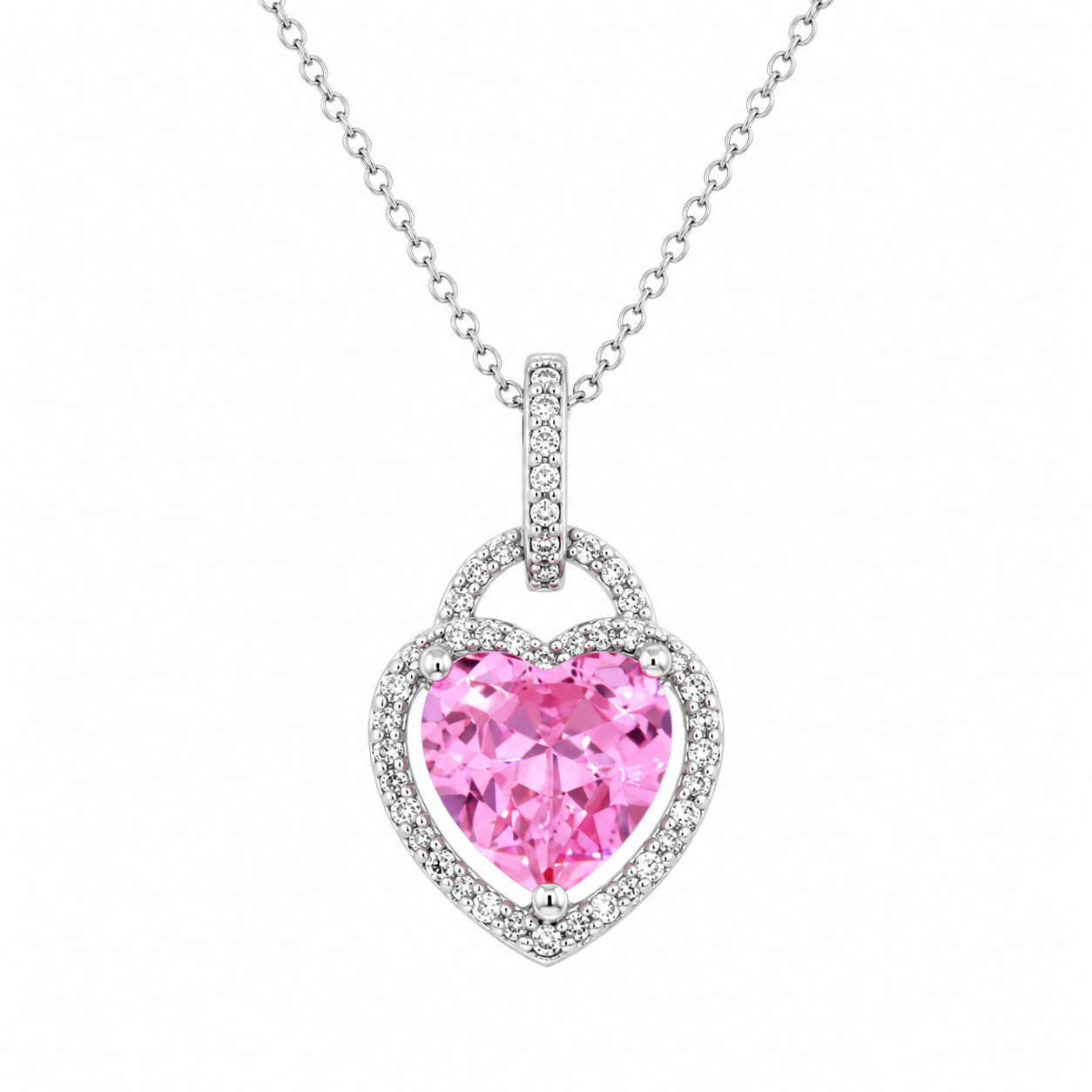 Rhodium Plated 925 Sterling Silver Pave CZ Pink Heart Pendant Necklace - STP00269