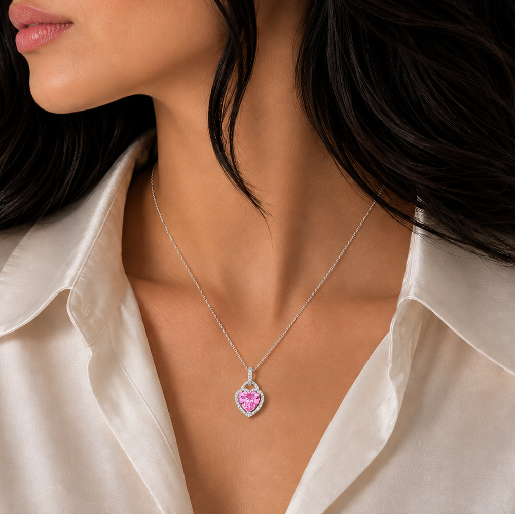 Rhodium Plated 925 Sterling Silver Pave CZ Pink Heart Pendant Necklace - STP00269