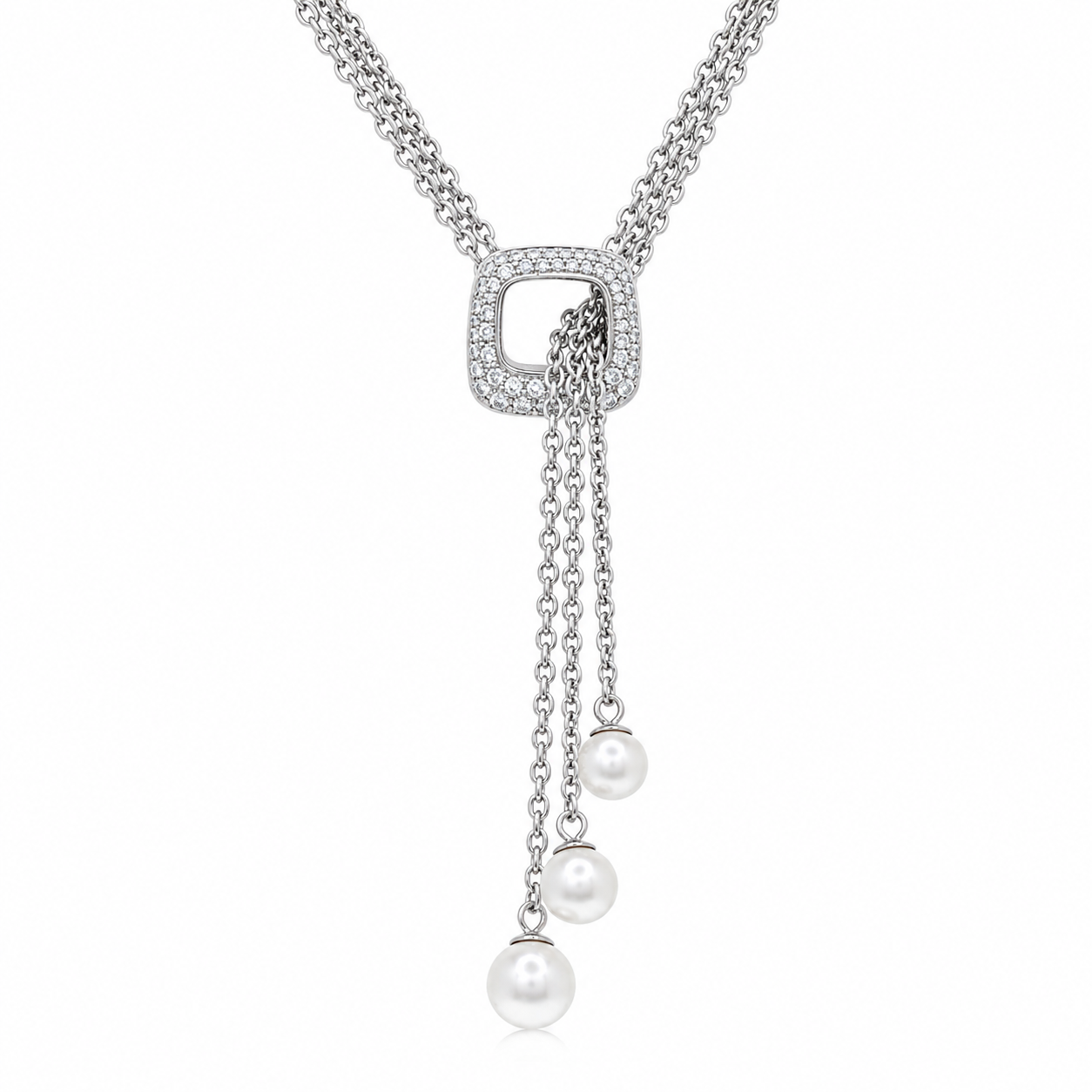 Collar con colgante de plata 925 con circonitas transparentes y baño de rodio, con tres perlas blancas - STP00332