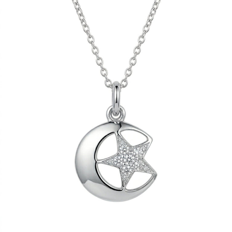 Rhodium Plated 925 Sterling Silver CZ Star & Crescent Moon Pendant Necklace - STP00387 |STP00500