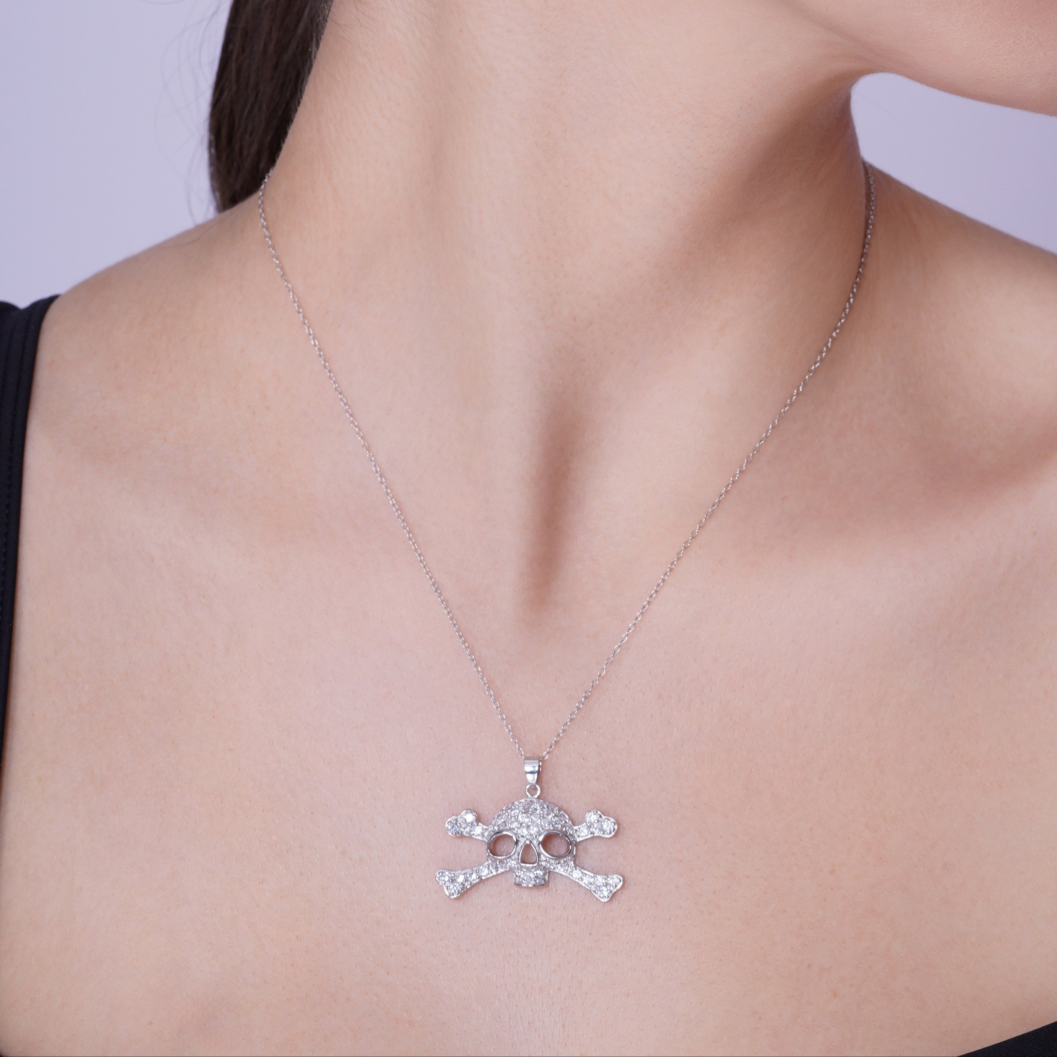 Silver 925 Clear CZ Rhodium Plated Skull Pendant Necklace - STP00395