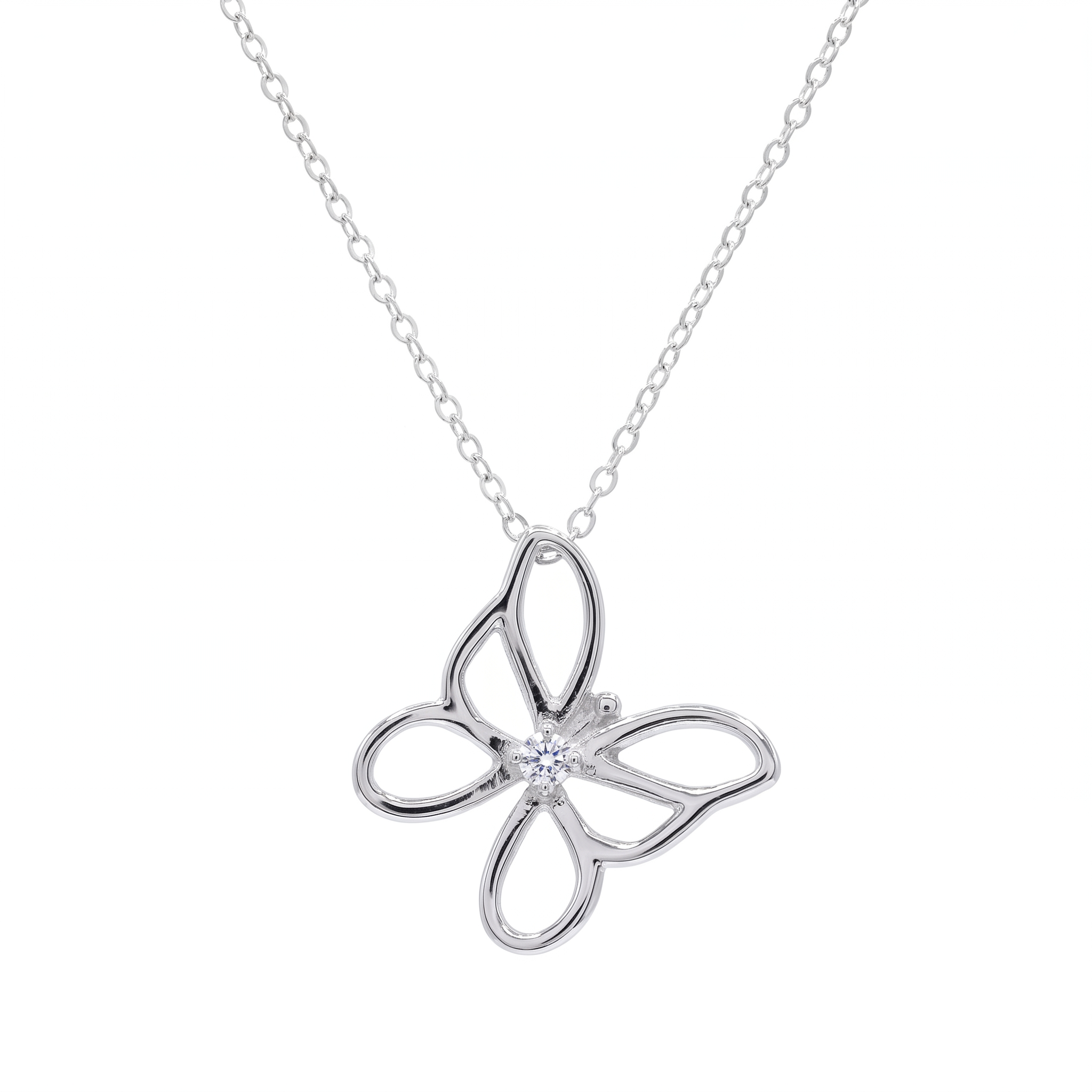 Rhodium Plated 925 Sterling Silver Open Butterfly CZ Pendant Necklace - STP00406