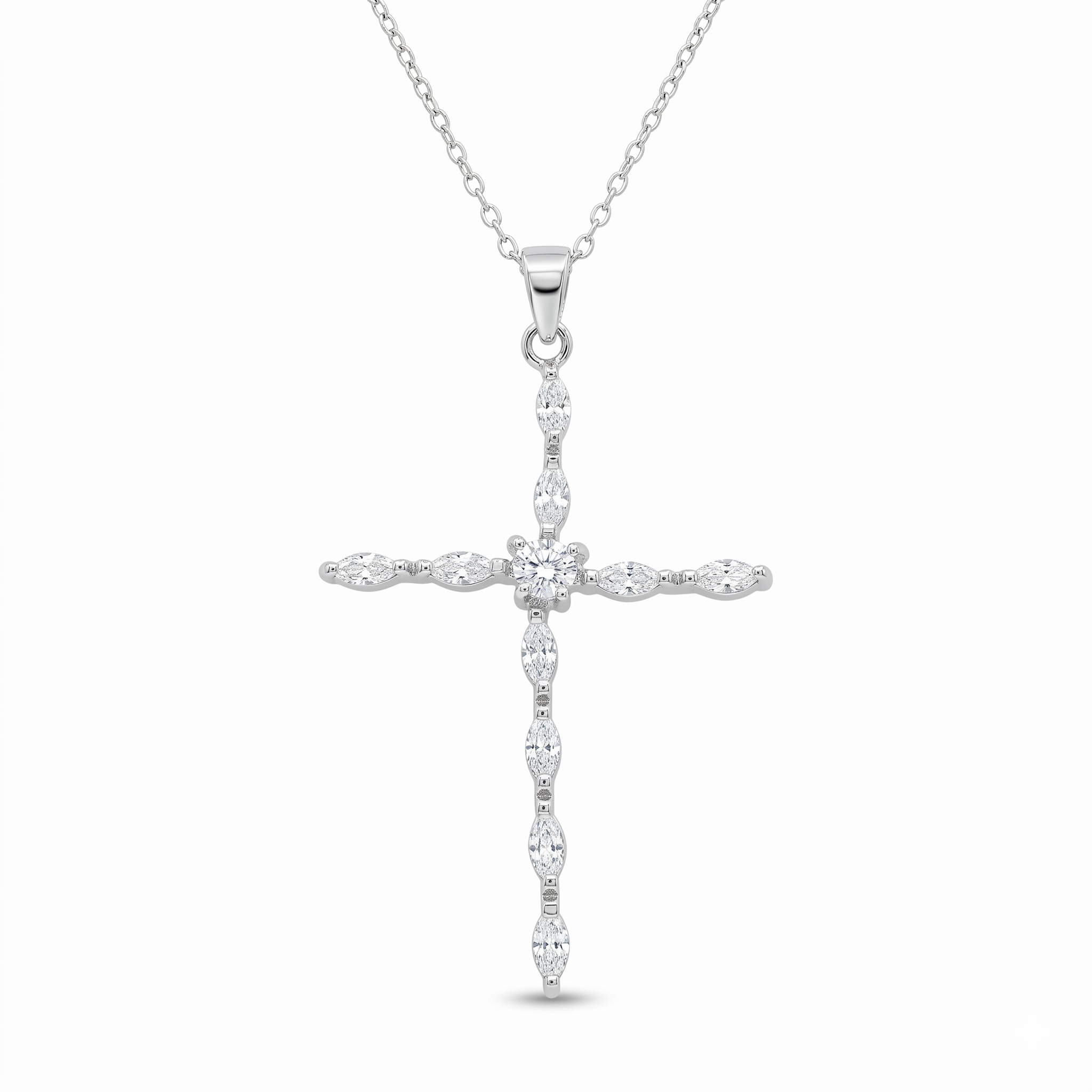 Rhodium Plated 925 Sterling Silver Almond & Heart CZ Cross Pendant Necklace - STP00441
