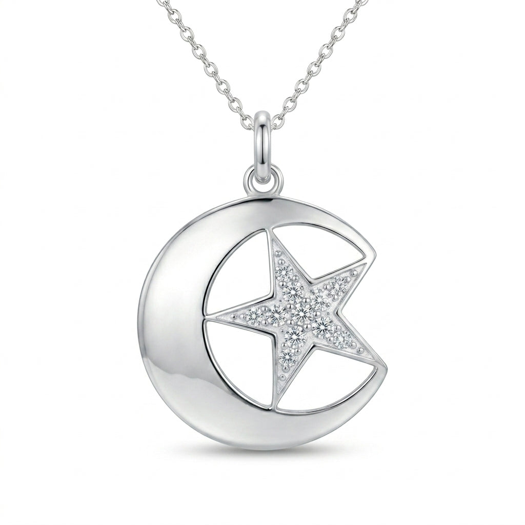 Rhodium Plated 925 Sterling Silver CZ Star & Crescent Moon Pendant Necklace - STP00387 |STP00500