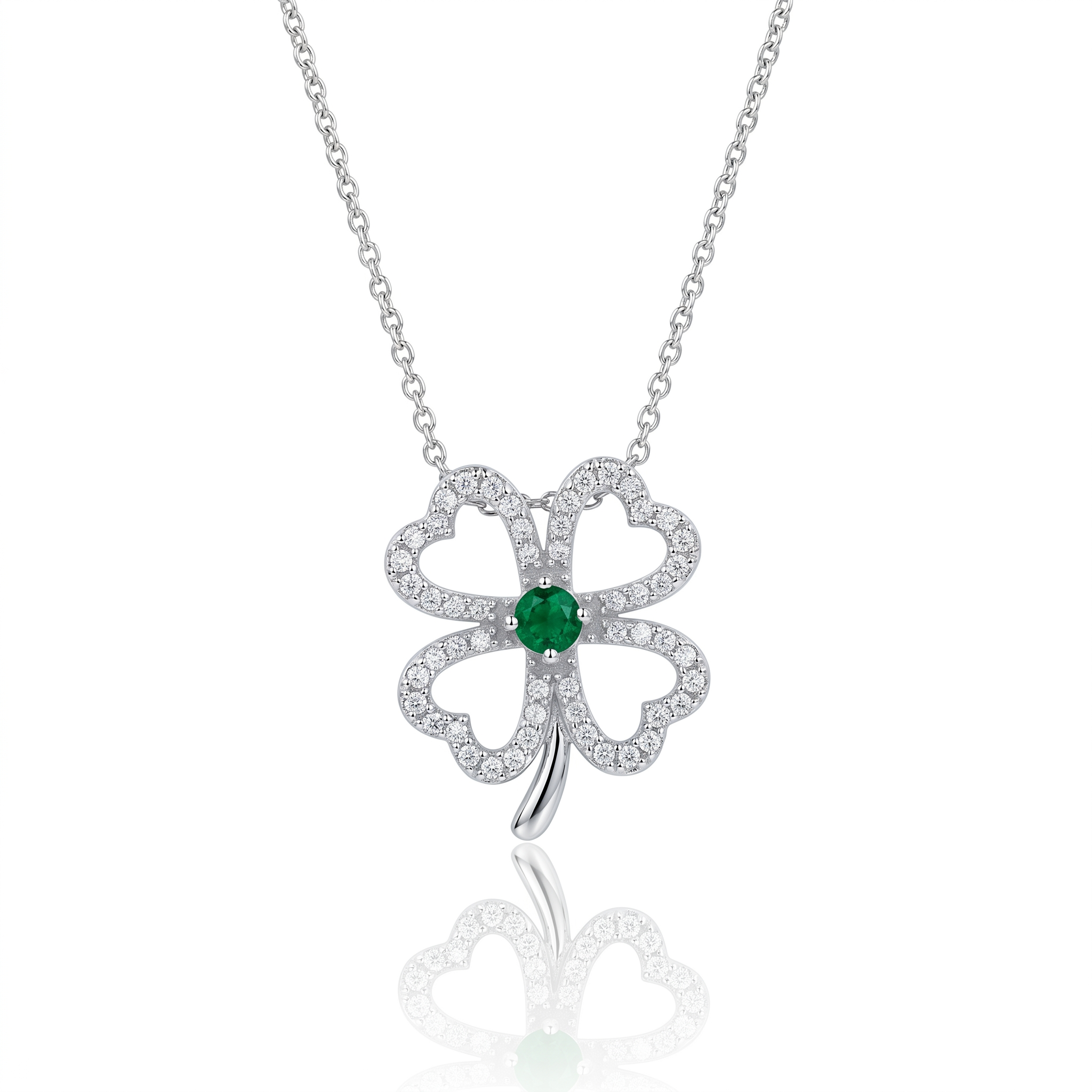 Rhodium Plated 925 Sterling Silver Green CZ Four Leaf Clover Pendant Necklace - STP00532