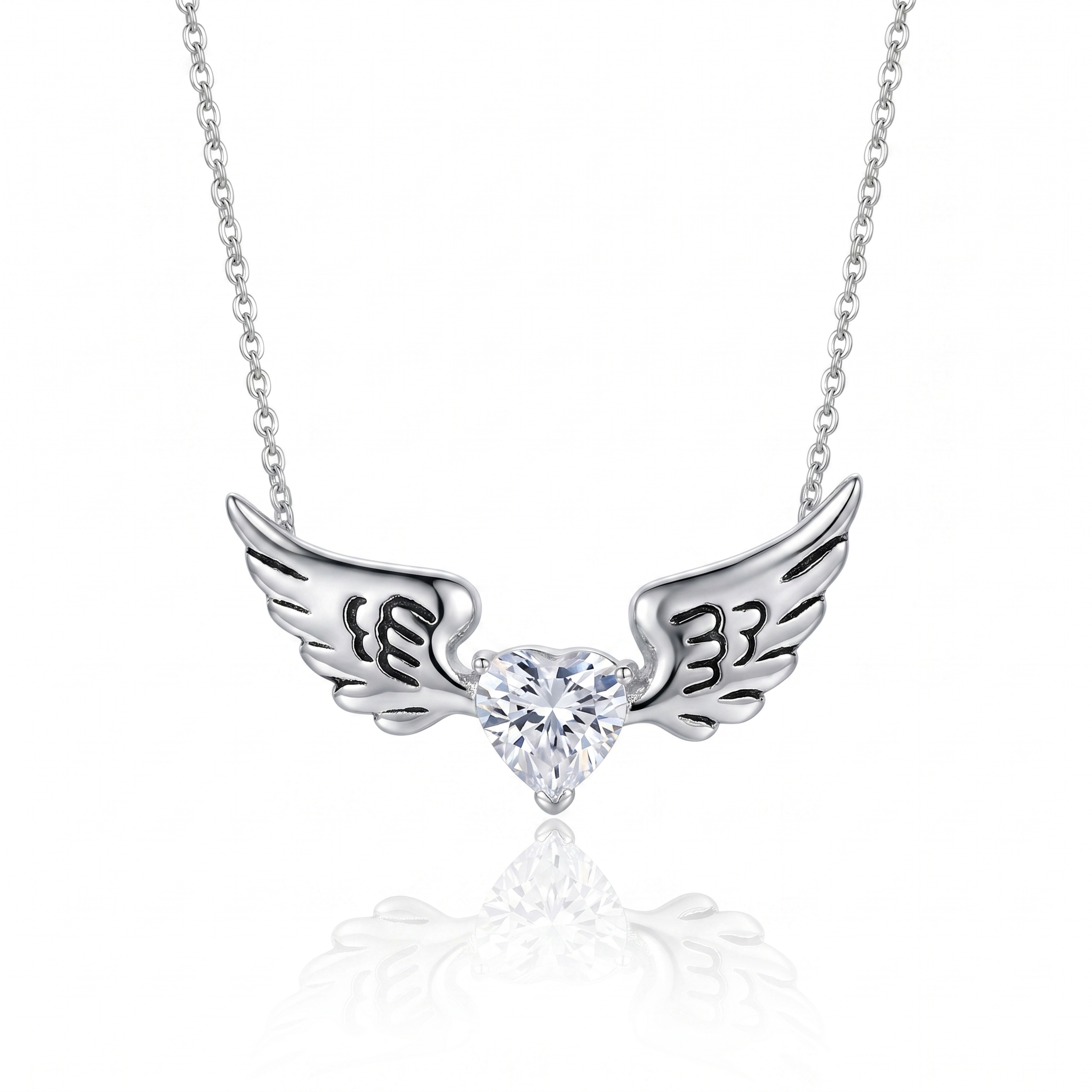 Rhodium Plated 925 Sterling Silver Winged CZ Heart Pendant Necklace - STP00542