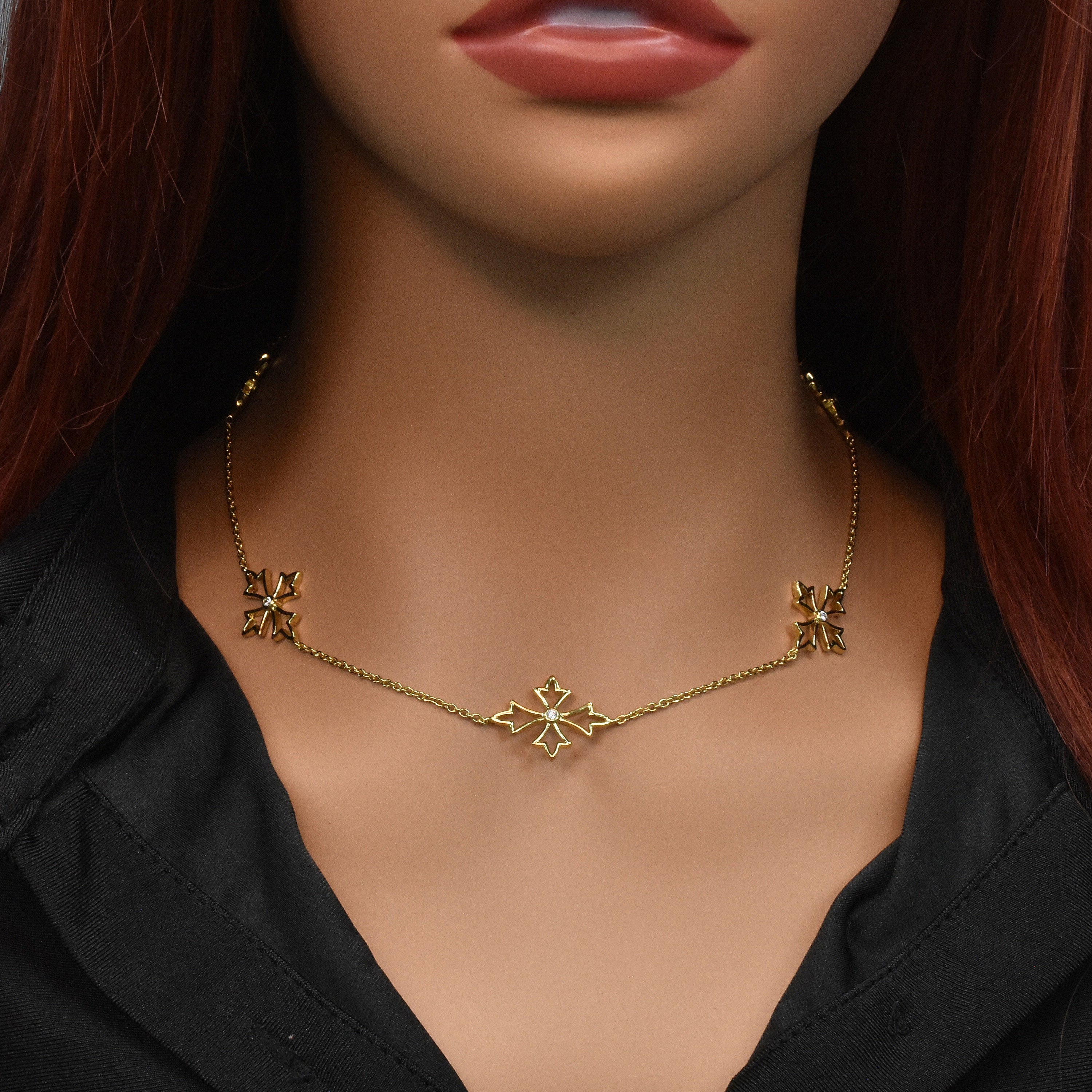 Clearance-Silver 925 Gold Plated Pointy Cross CZ Necklace - STP00598GP