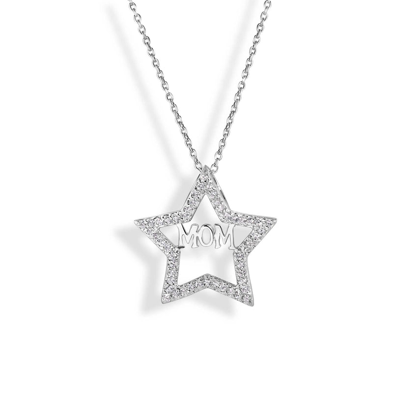 Silver 925 Rhodium Plated Clear CZ Mom Star Pendant Necklace - STP00620