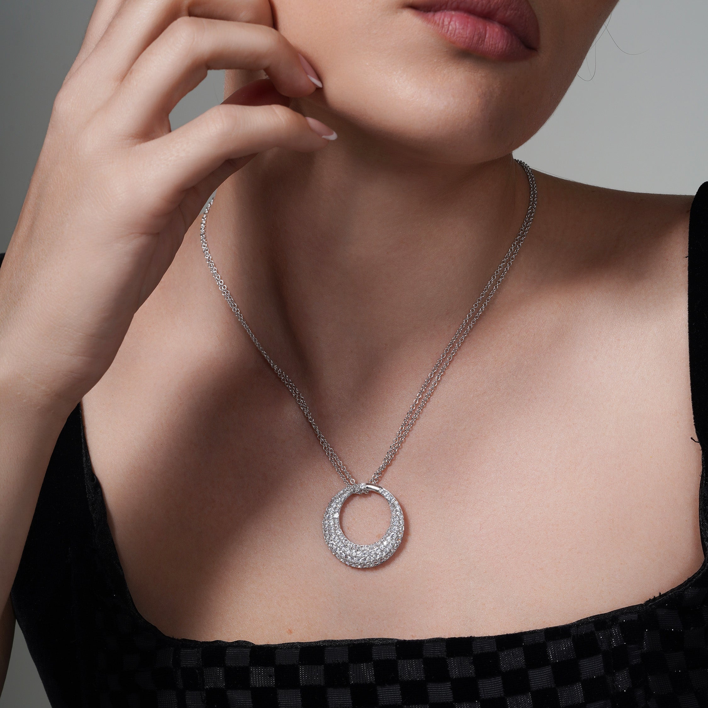 Clearance-Silver 925 Rhodium Plated Clear CZ Circle Pendant Necklace - STP00631CLR