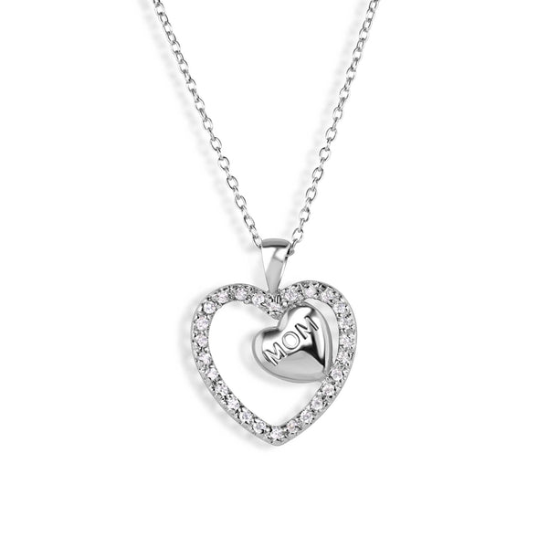 Silver 925 Rhodium Plated Clear CZ Engraved "Mom" Heart Pendant Necklace - STP00632