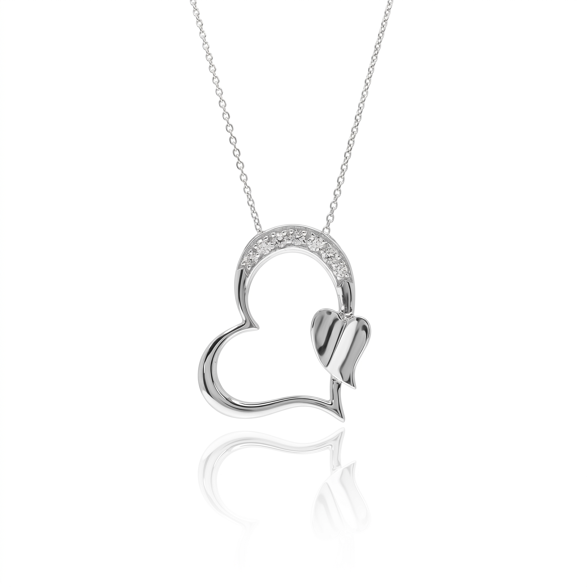 Clearance-Rhodium Plated 925 Sterling Silver Slanted Clear CZ Cluster Heart Pendant Necklace - STP00688