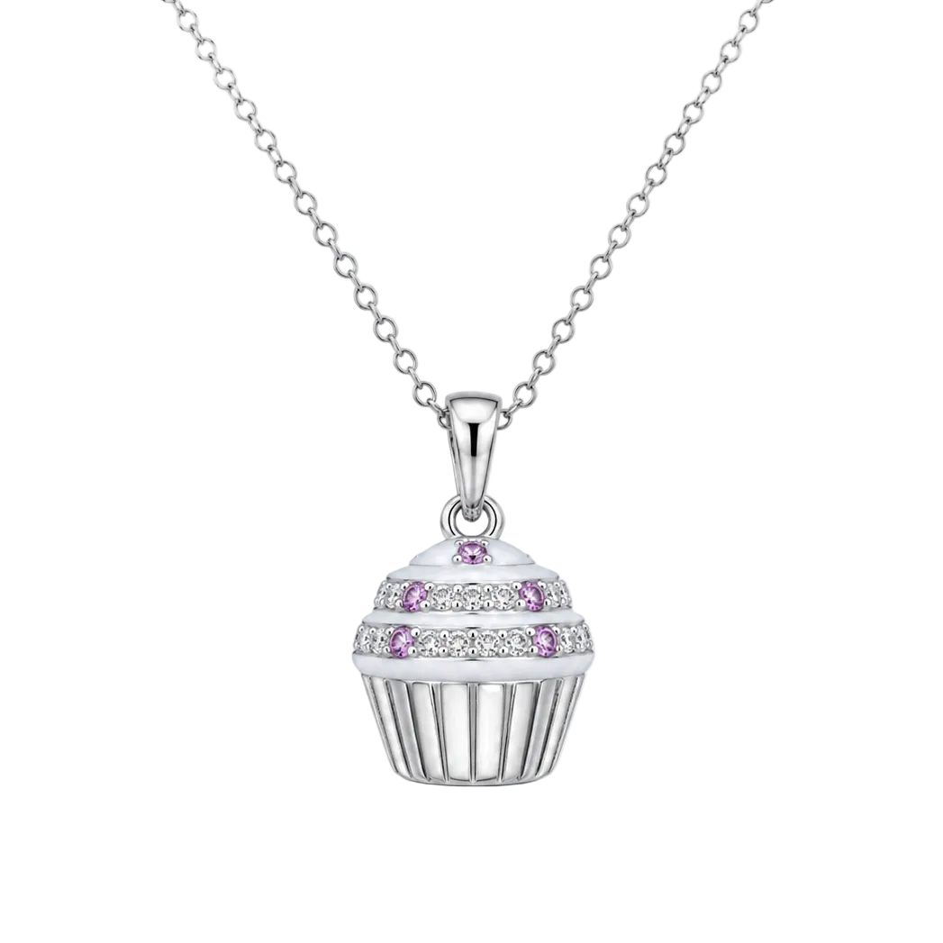 Collar con colgante de cupcake con circonita cúbica transparente y rosa chapado en rodio de plata 925 - STP00740