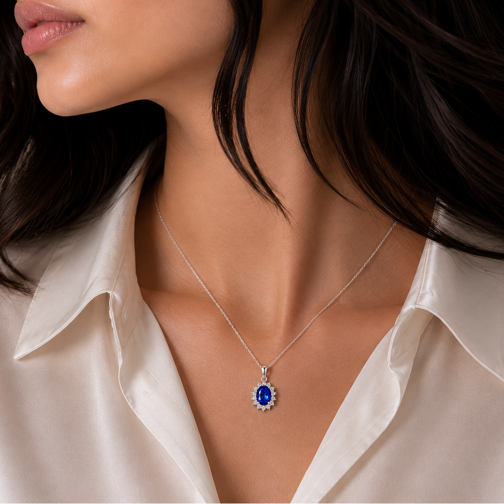 Rhodium Plated 925 Sterling Silver Blue Oval CZ Halo Pendant Necklace - STP00788