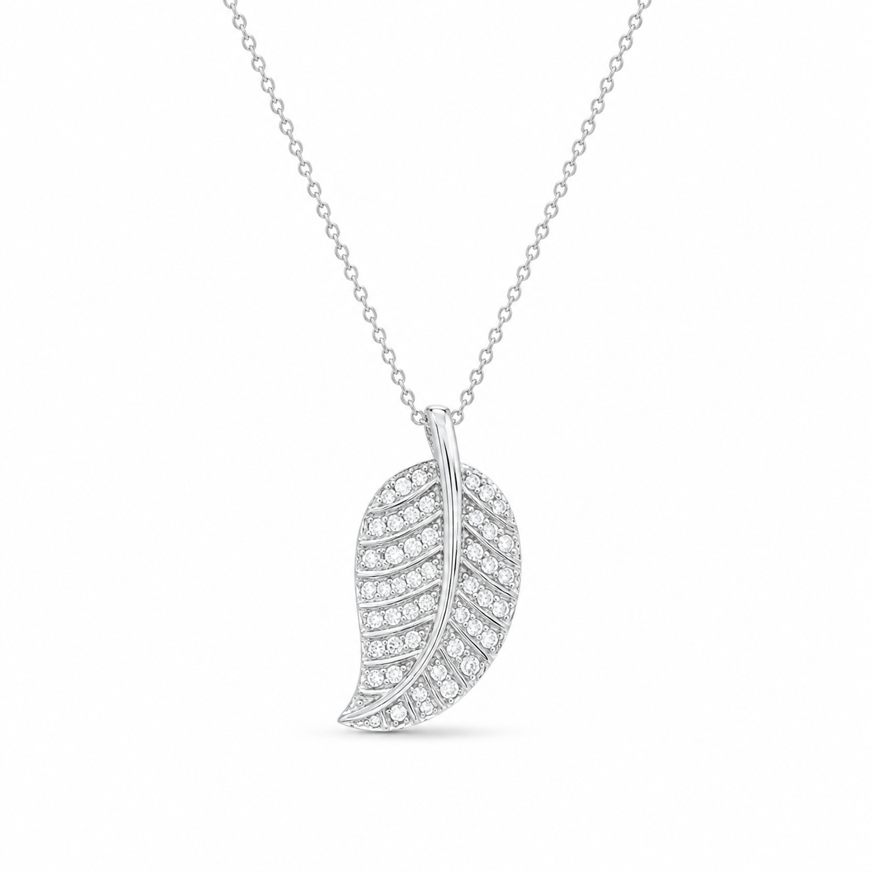 Clearance-Rhodium PLated 925 Sterling Silver CZ Leaf Pendant Necklace - STP00789