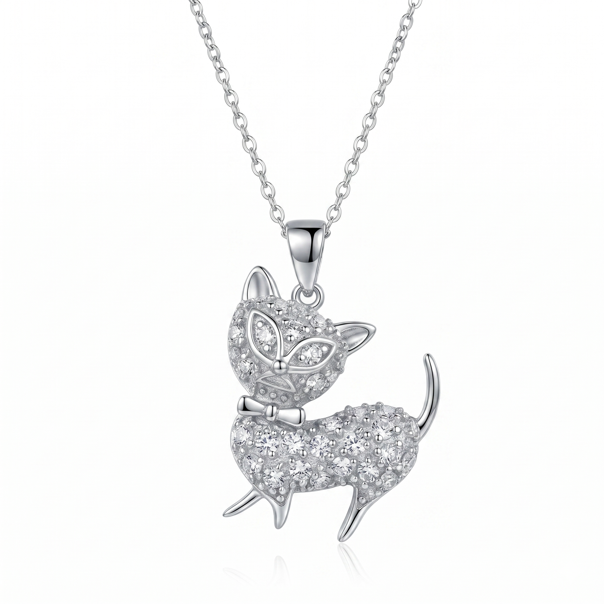 Rhodium Plated 925 Sterling Silver CZ Sassy Cat Pendant Necklace - STP00918