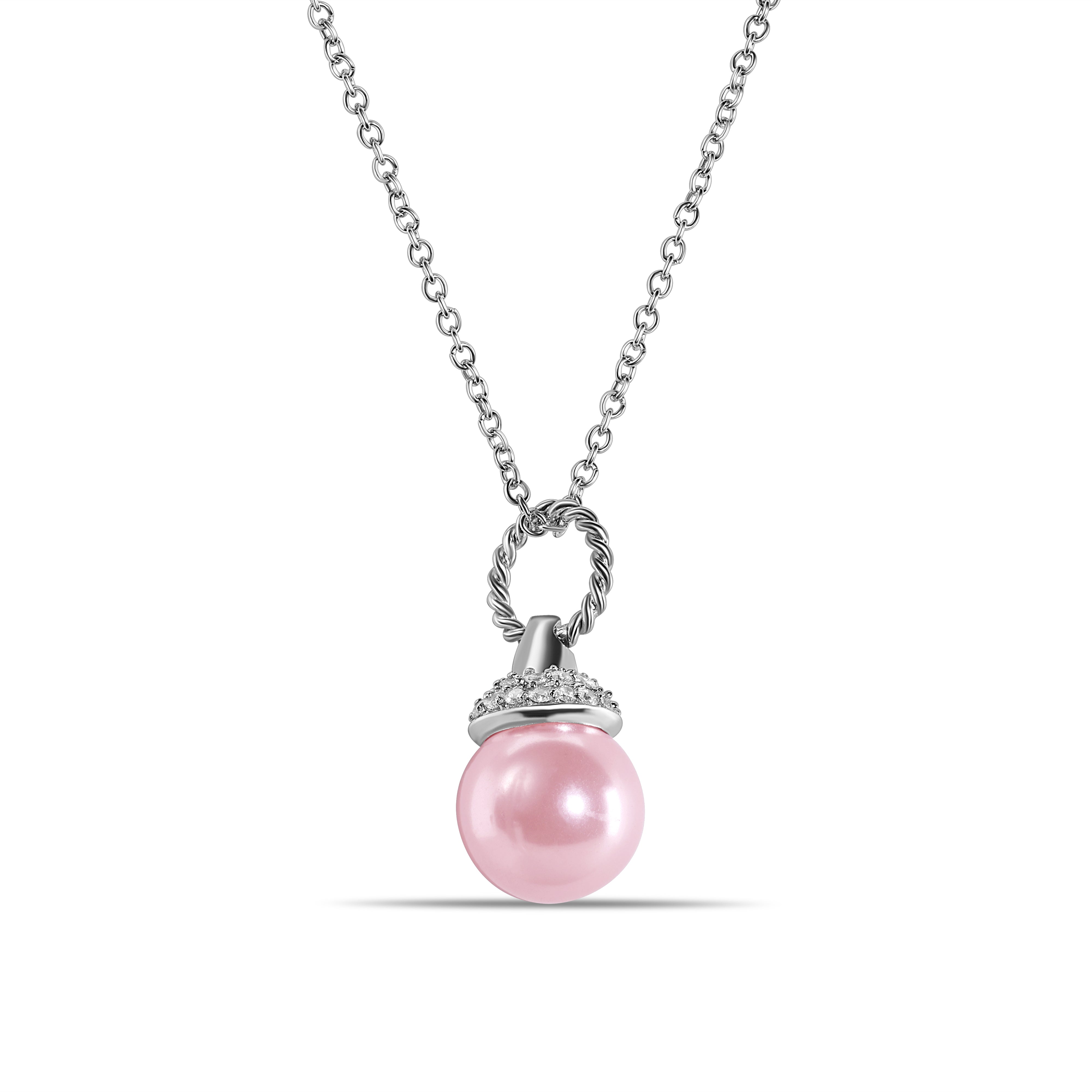Silver 925 Rhodium Plated Clear CZ and Pink Pearl Pendant Necklace - STP00939PNK