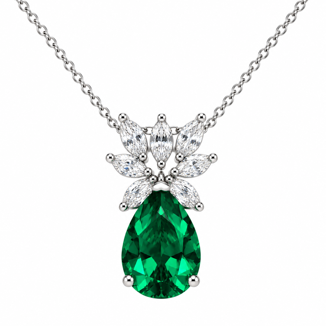 Rhodium Plated 925 Sterling Silver Clear & Pear CZ Birthstone Pendant Necklace - STP00941