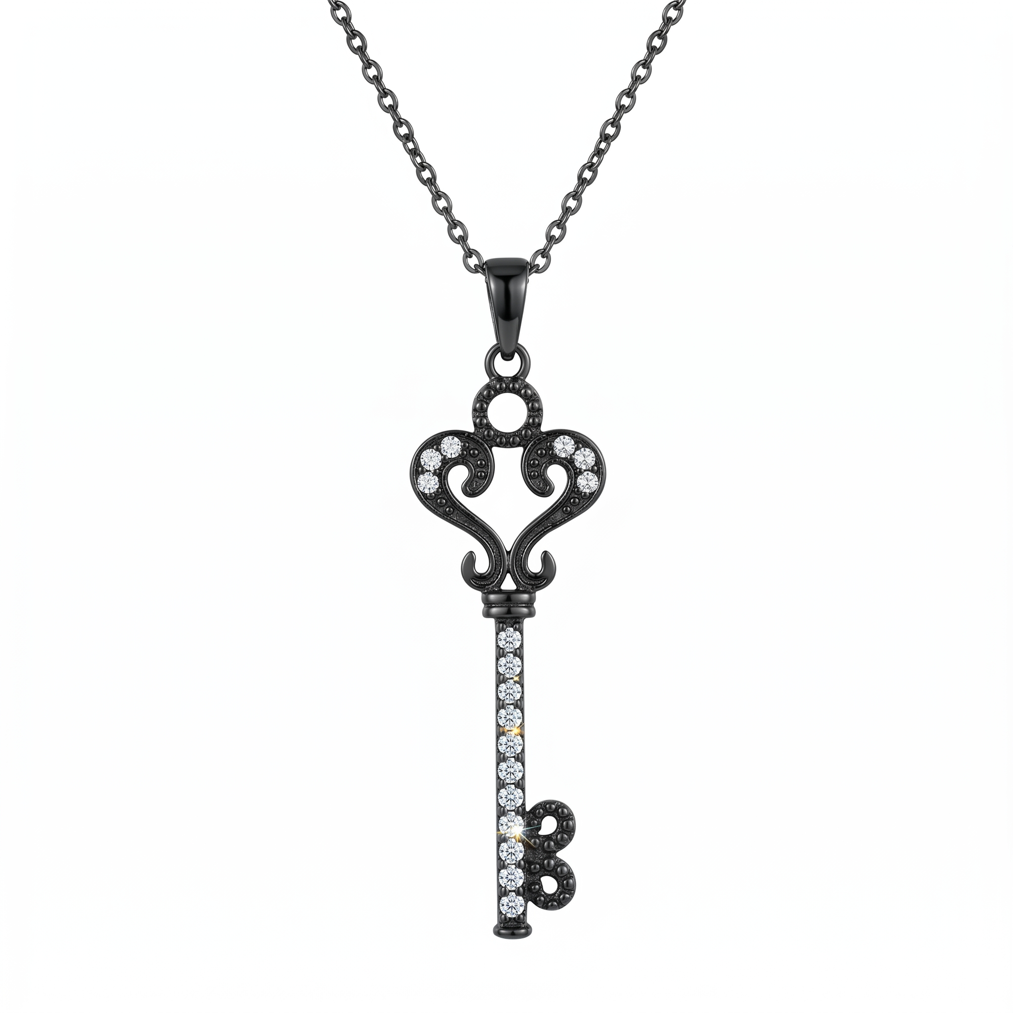 Black Rhodium 925 Sterling Silver CZ Heart Key Pendant Necklace - STP00993