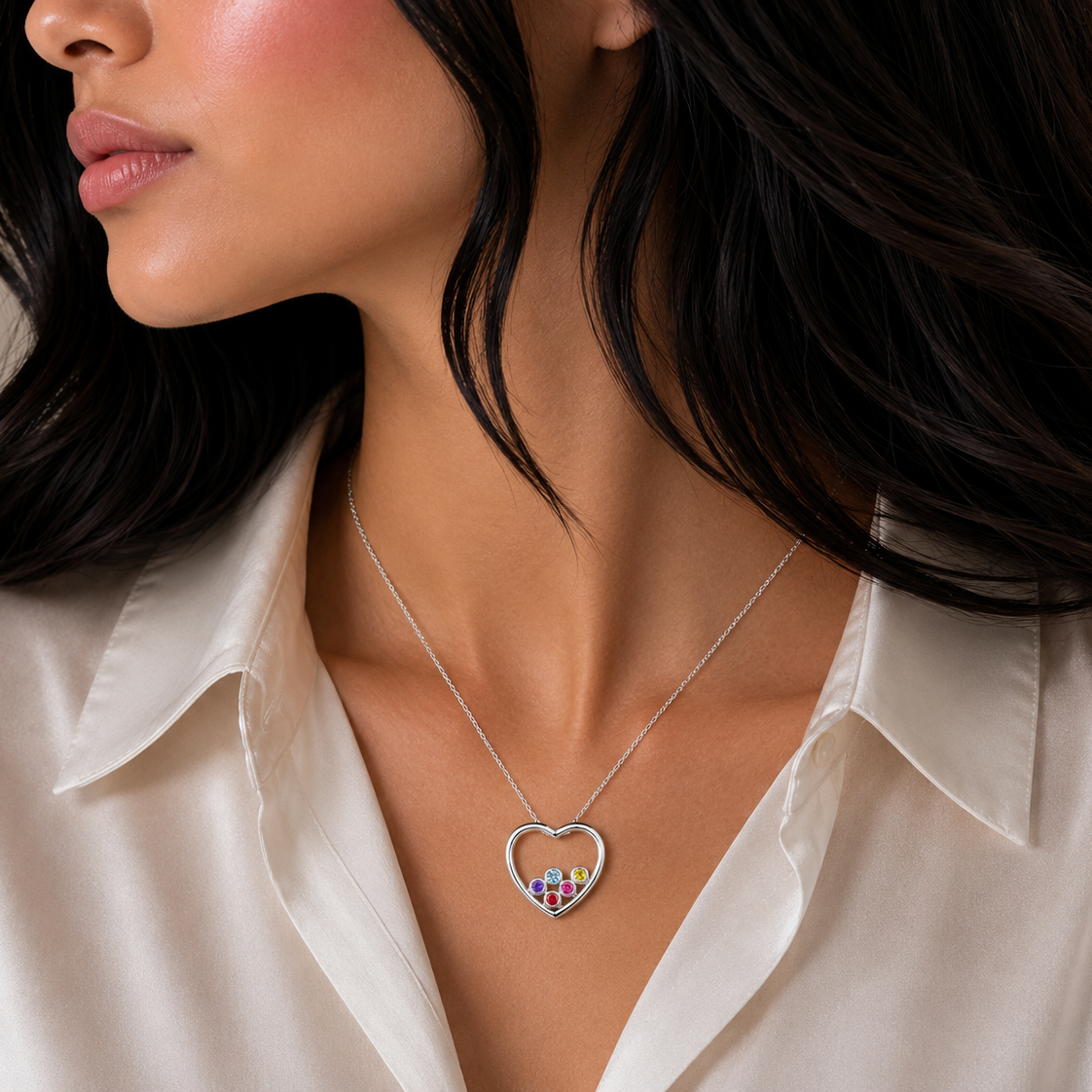 Rhodium Plated 925 Sterling Silver Multi Color CZ Heart Pendant Necklace - STP01332