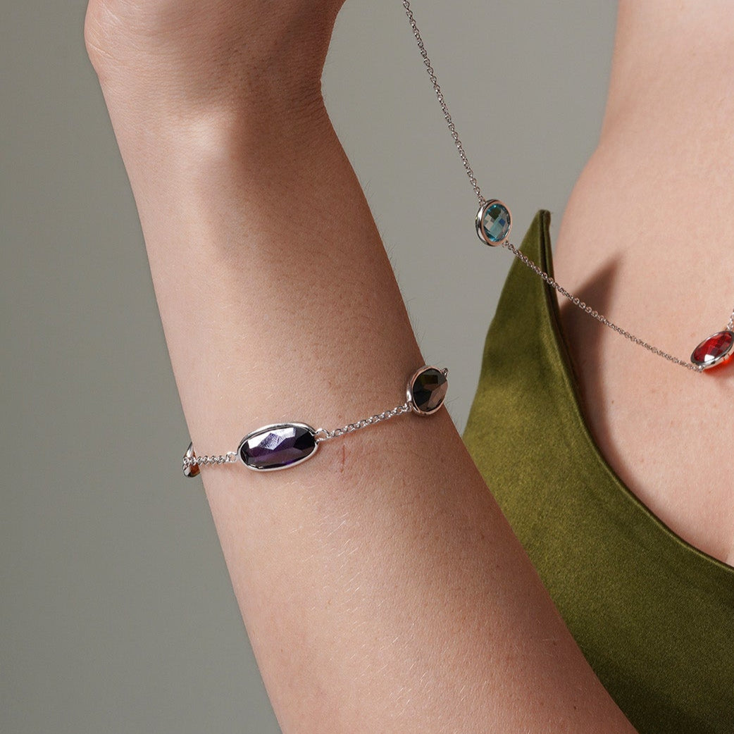 Plata 925 3 Pulsera de eslabones CZ con barco ovalado multicolor - BGB00261