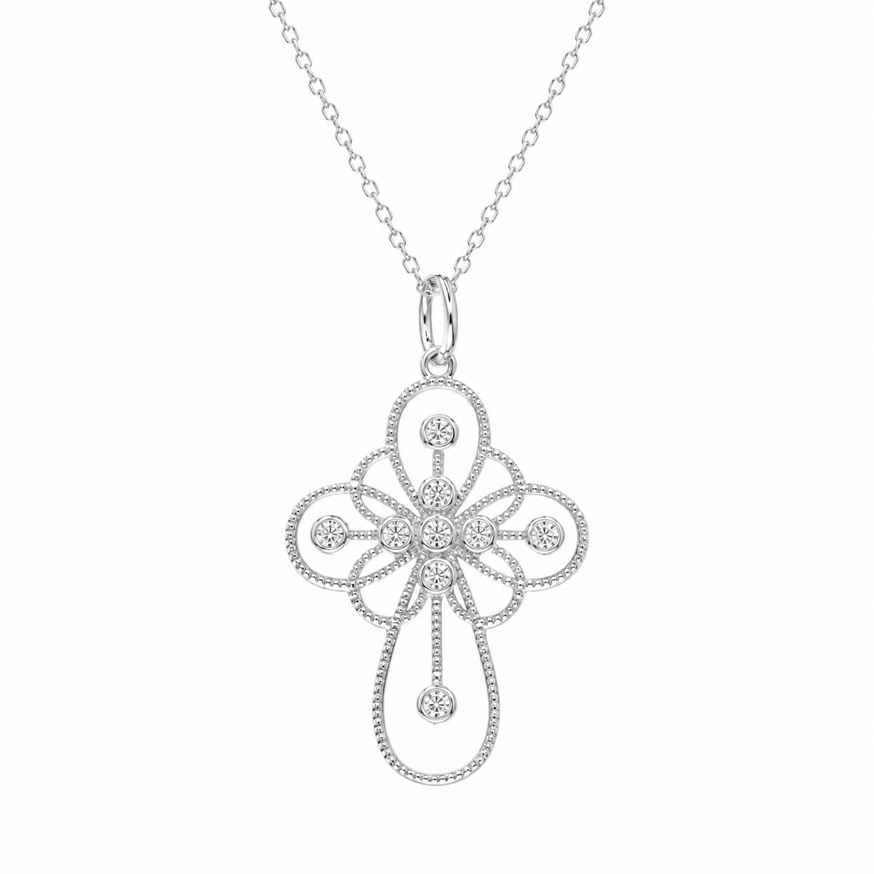 Rhodium Plated 925 Sterling Silver Open Cross CZ Pendant Necklace - STP01336