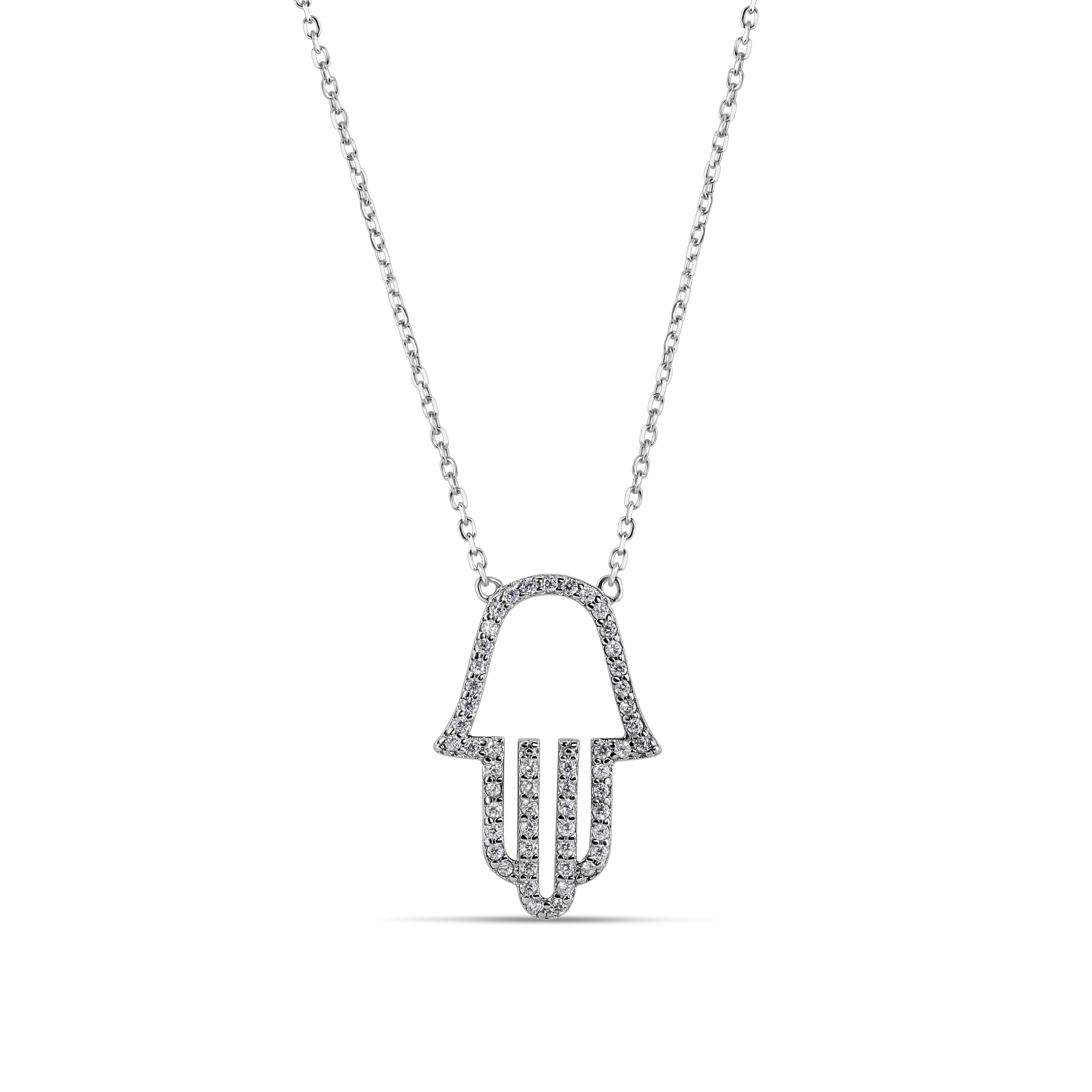Silver 925 Rhodium Plated Clear CZ Hamsa Pendant Necklace - STP01379RH