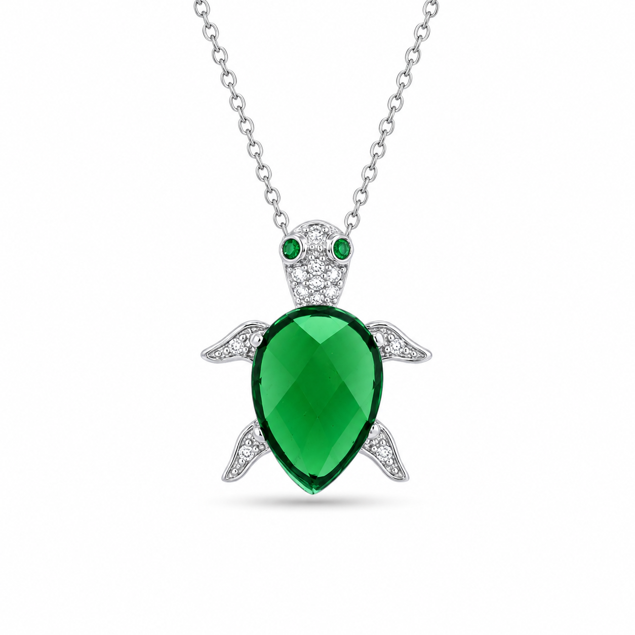 Rhodium Plated 925 Sterling Silver Clear & Green CZ Turtle Pendant Necklace - STP01389