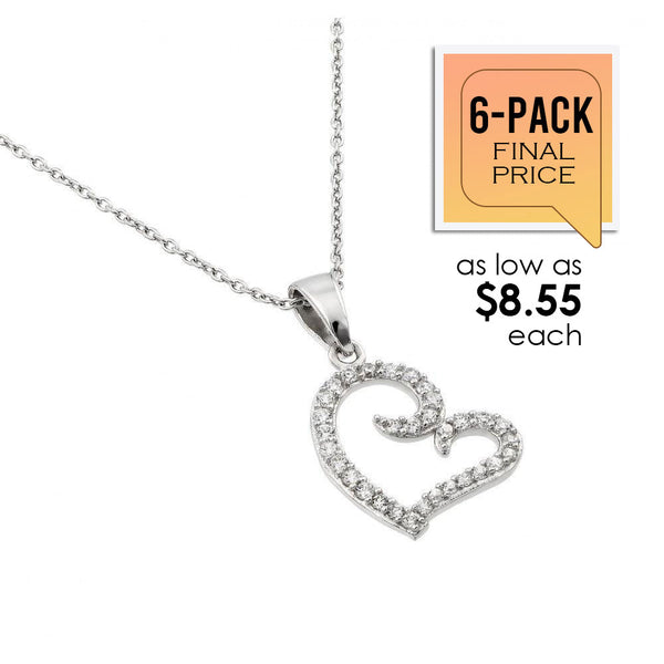 Rhodium Plated 925 Sterling Silver Clear CZ Heart Pendant Necklace (6/Pk) - STP01415-PX