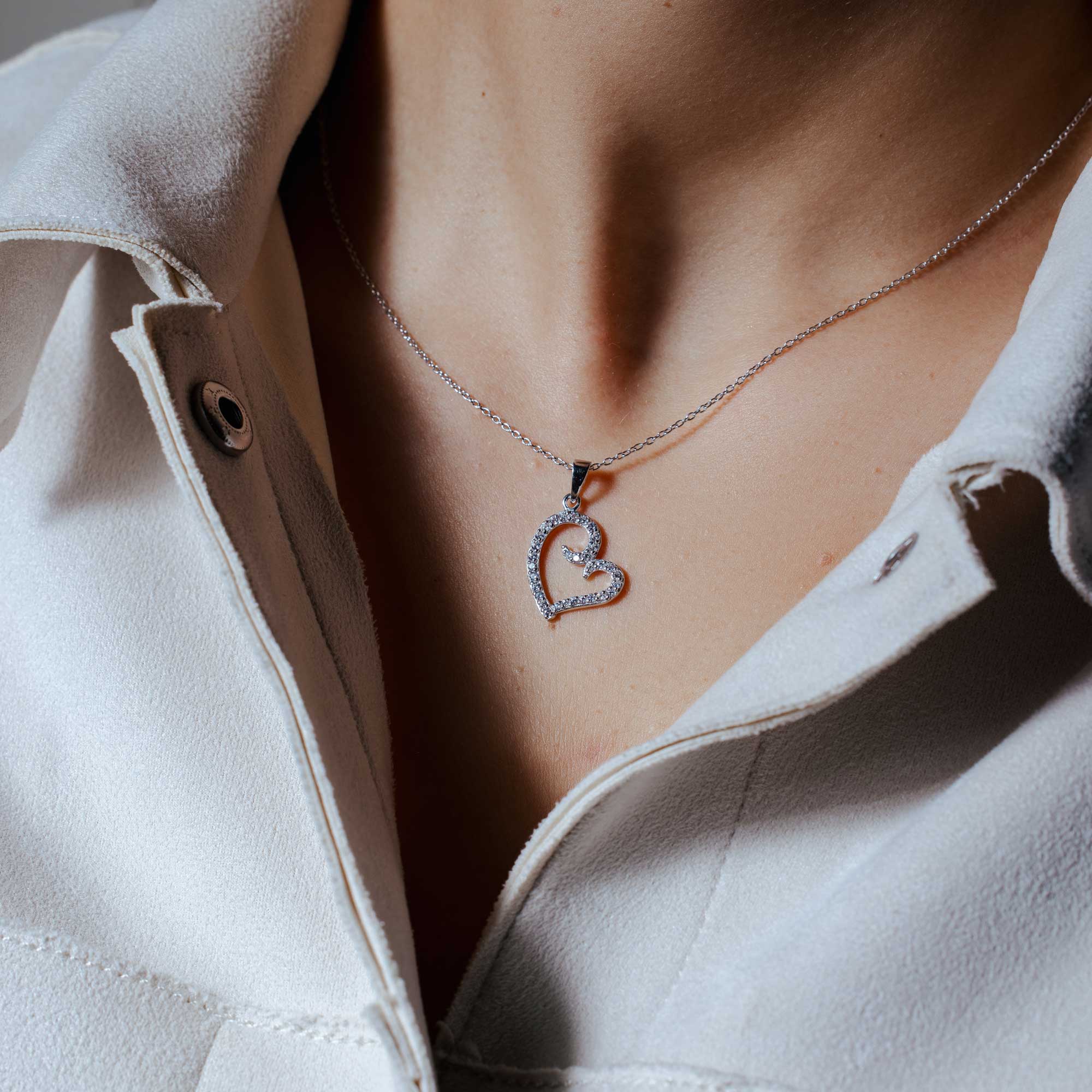 Silver 925 Rhodium Plated Clear CZ Heart Pendant Necklace - STP01415