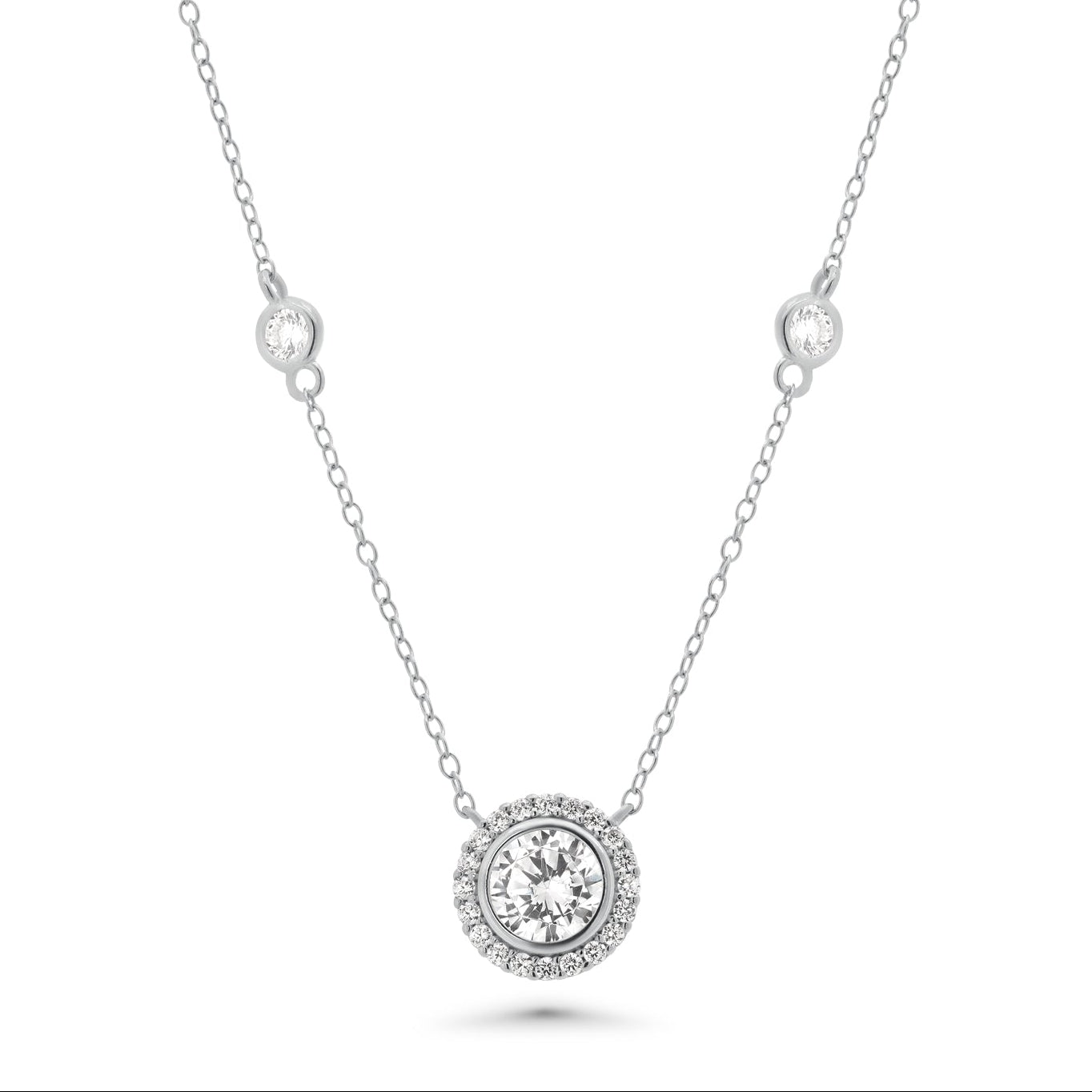 Silver 925 Rhodium Plated Round Cluster CZ Pendant Necklace - STP01423