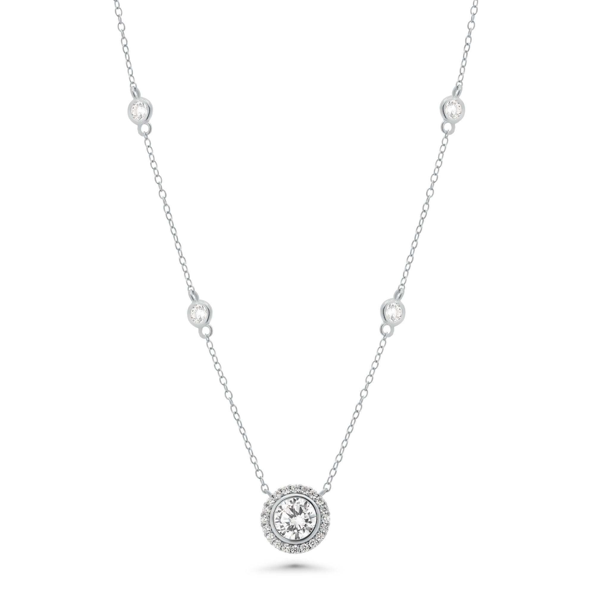 Silver 925 Rhodium Plated Round Cluster CZ Pendant Necklace - STP01423
