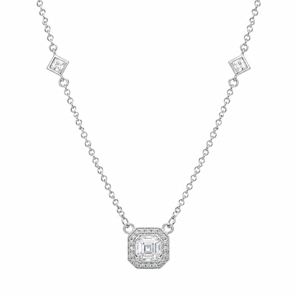Rhodium Plated 925 Sterling Silver Multi CZ Cusion Necklace - STP01424