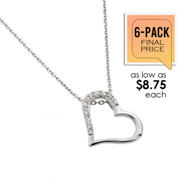 Rhodium Plated 925 Sterling Silver Clear CZ Slanted Heart Pendant Necklace (6/Pk) - STP01432-PX
