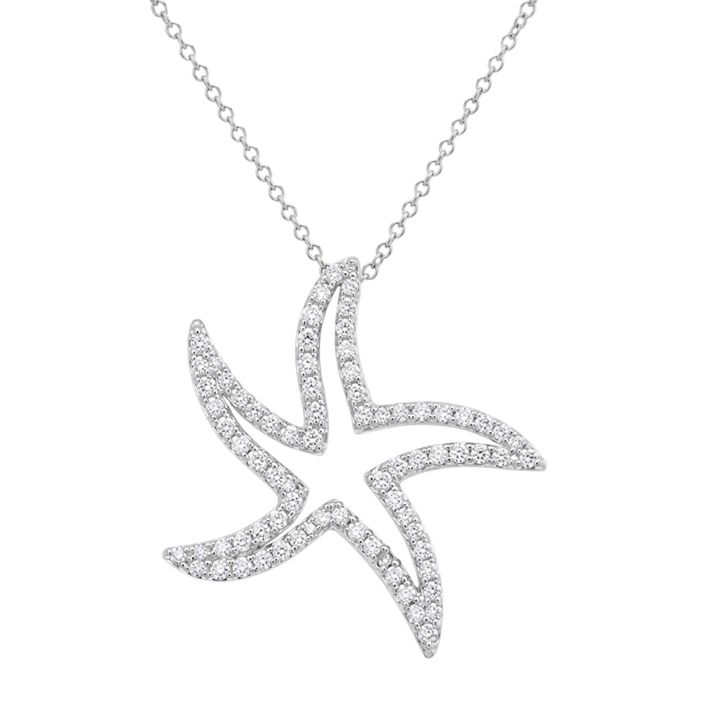 Rhodium Plated 925 Sterling Silver Warped CZ Starfish Pendant Necklace - STP01436